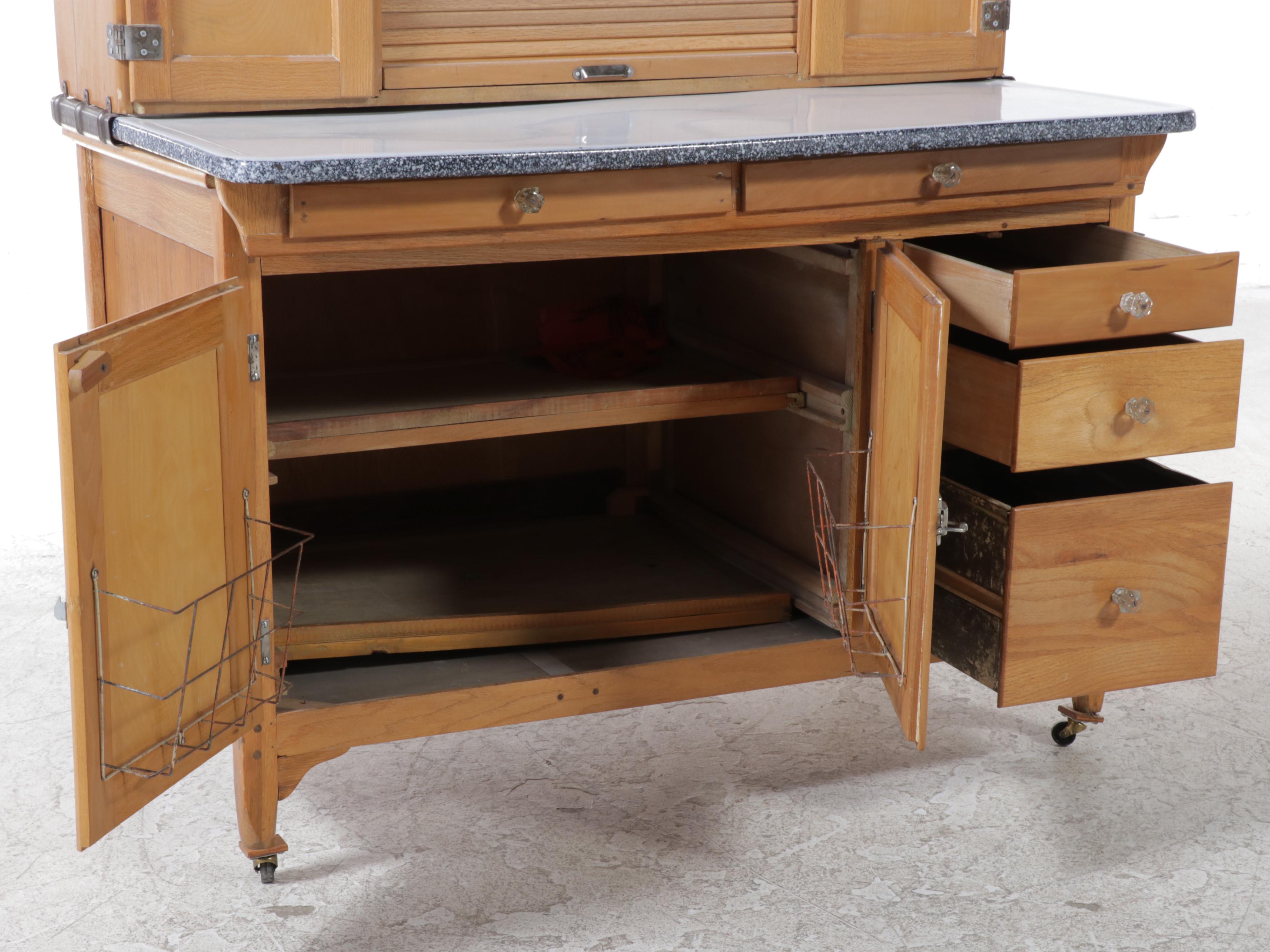 Sellers Oak and Enamel Work Top Hoosier Style Kitchen Cabinet, circa 1940