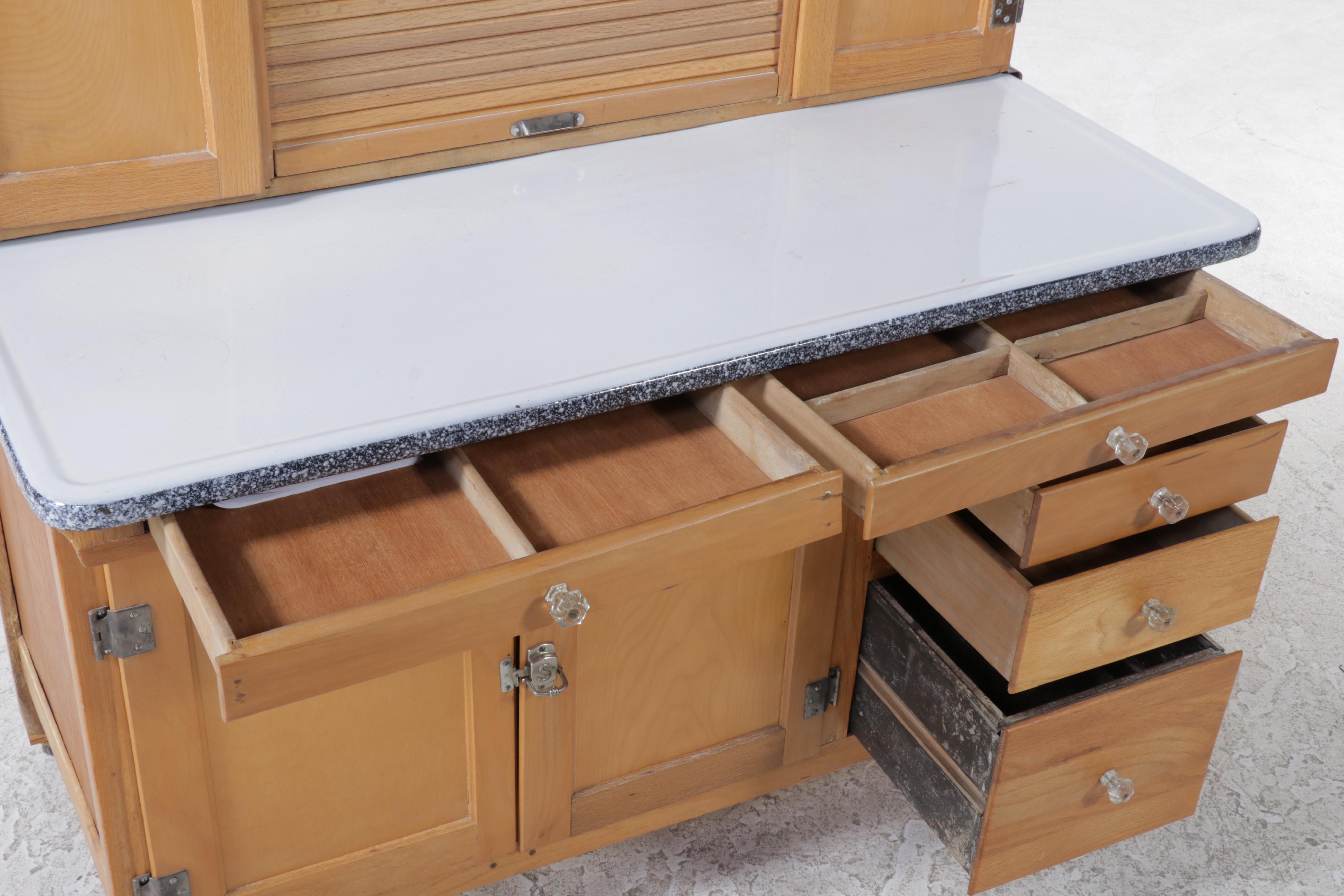 Sellers Oak and Enamel Work Top Hoosier Style Kitchen Cabinet, circa 1940