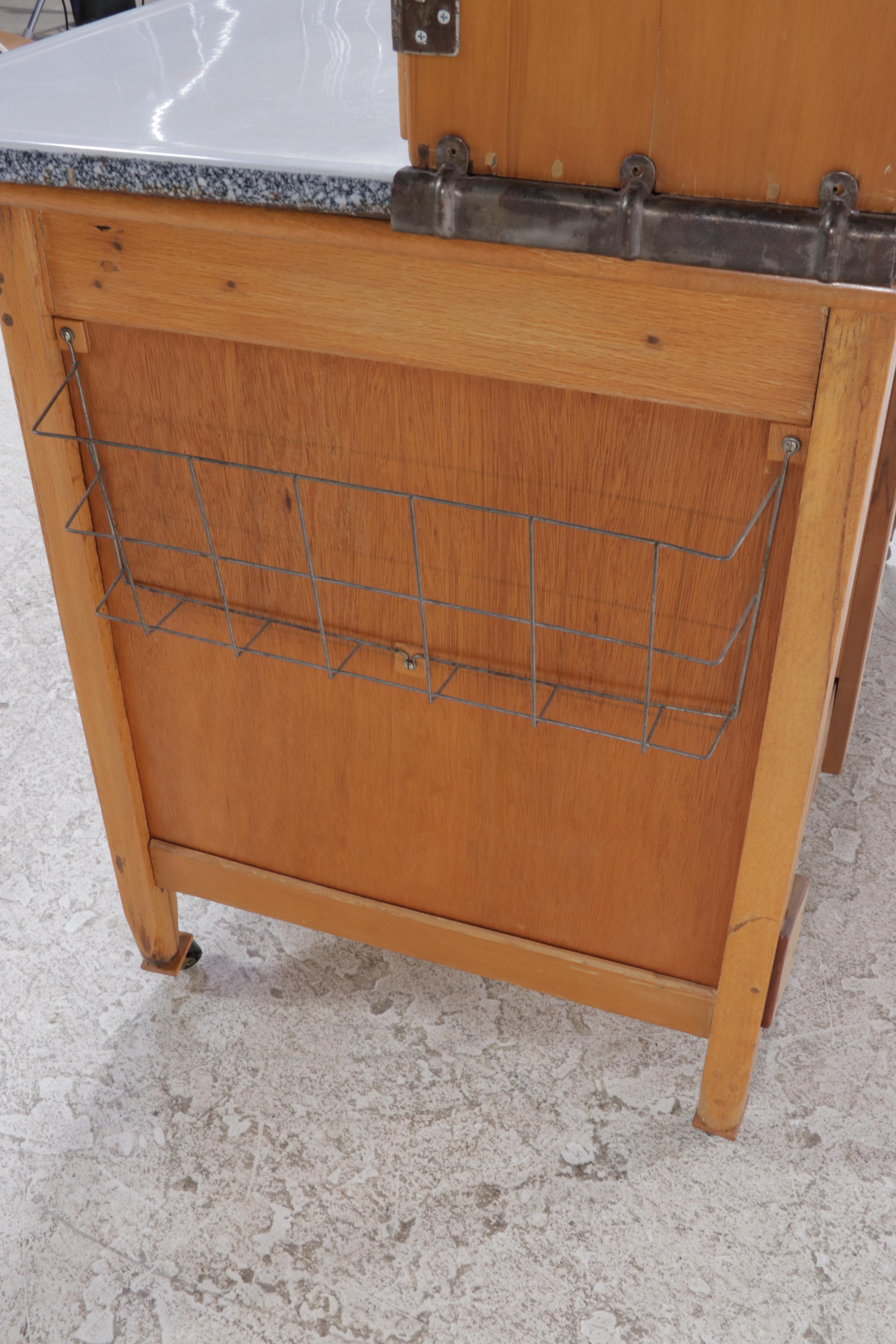 Sellers Oak and Enamel Work Top Hoosier Style Kitchen Cabinet, circa 1940