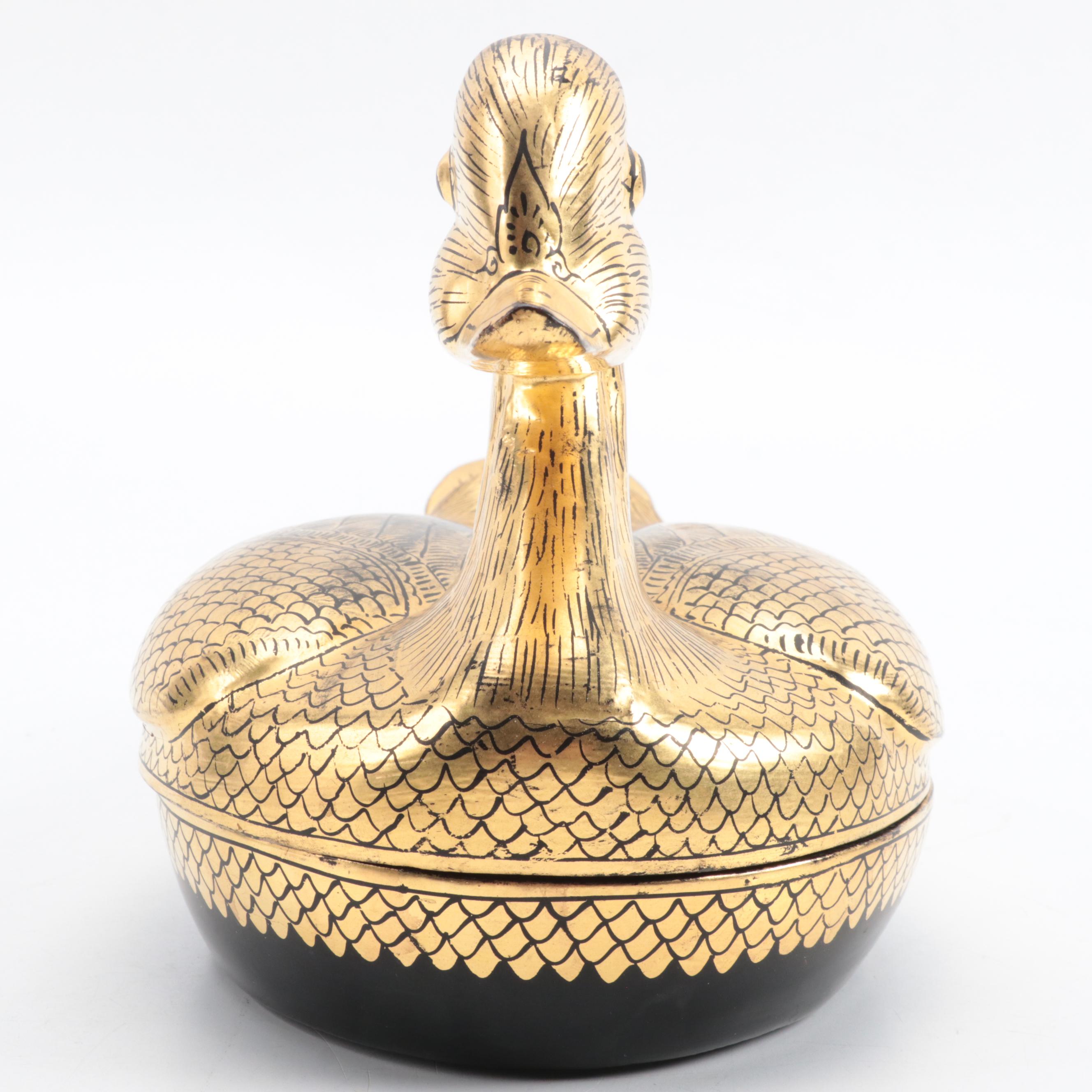 Chinese Hand-Painted Gilt Lacquerware Duck Form Box