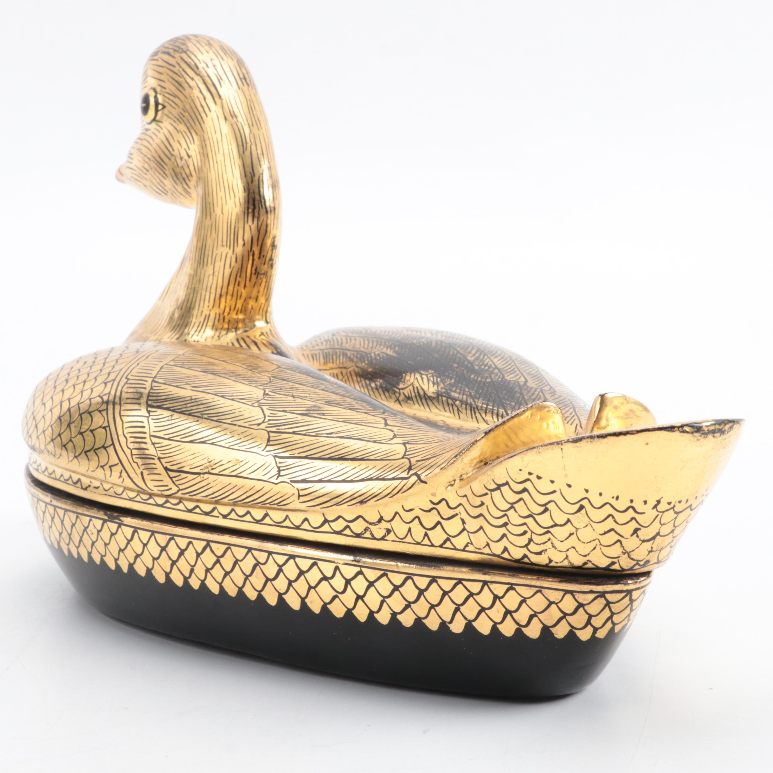 Chinese Hand-Painted Gilt Lacquerware Duck Form Box
