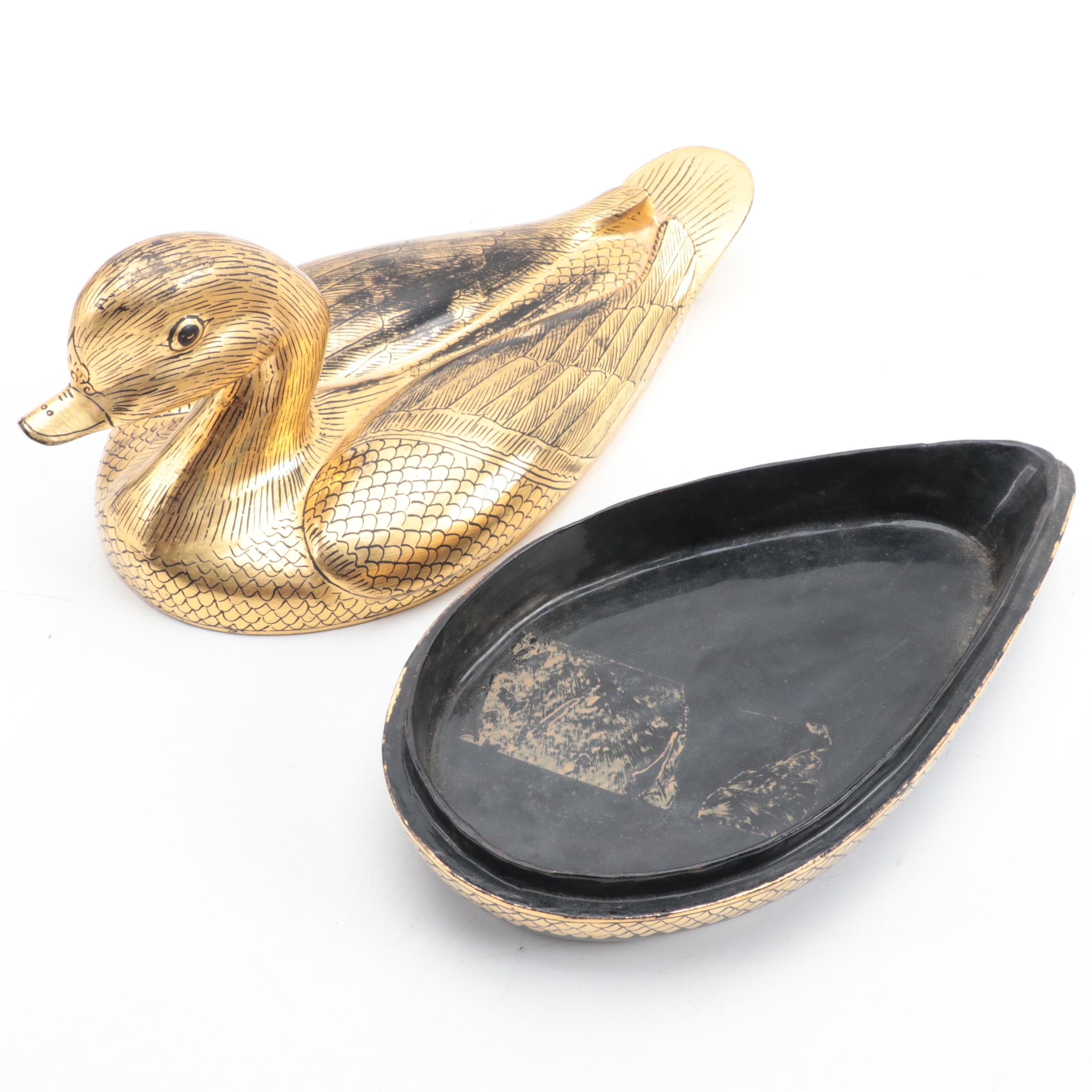 Chinese Hand-Painted Gilt Lacquerware Duck Form Box
