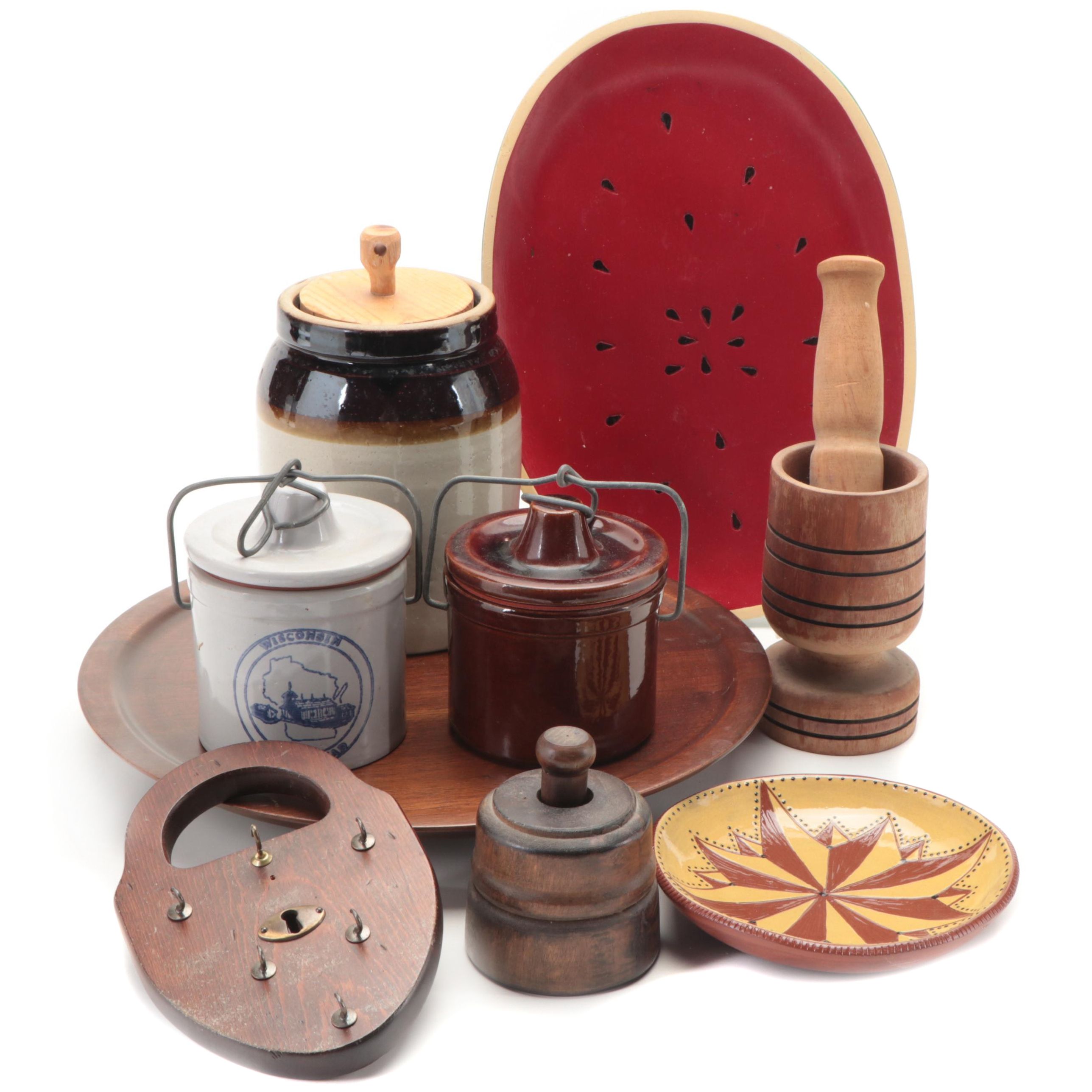 Tom Wintczak Redware Glazed Bowl with Stoneware Crocks and Other Décor