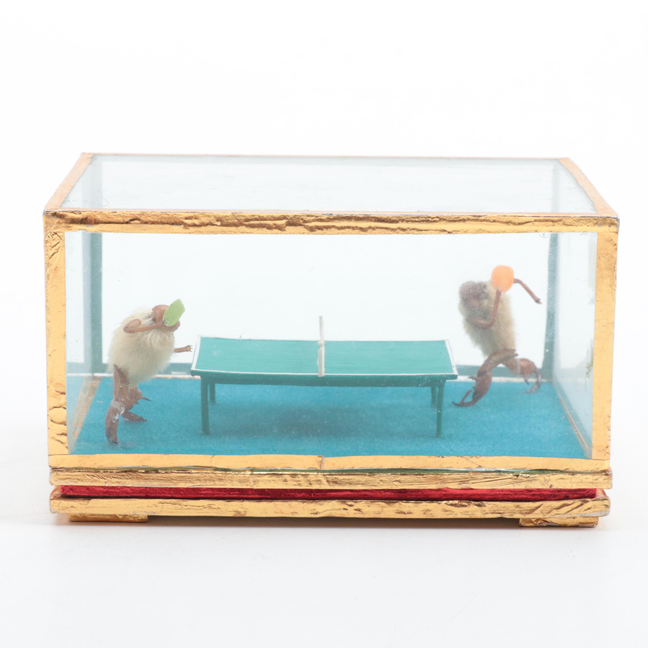 Chinese Taxidermy Furry Crickets Playing Table Tennis Diorama, Late 20th Century