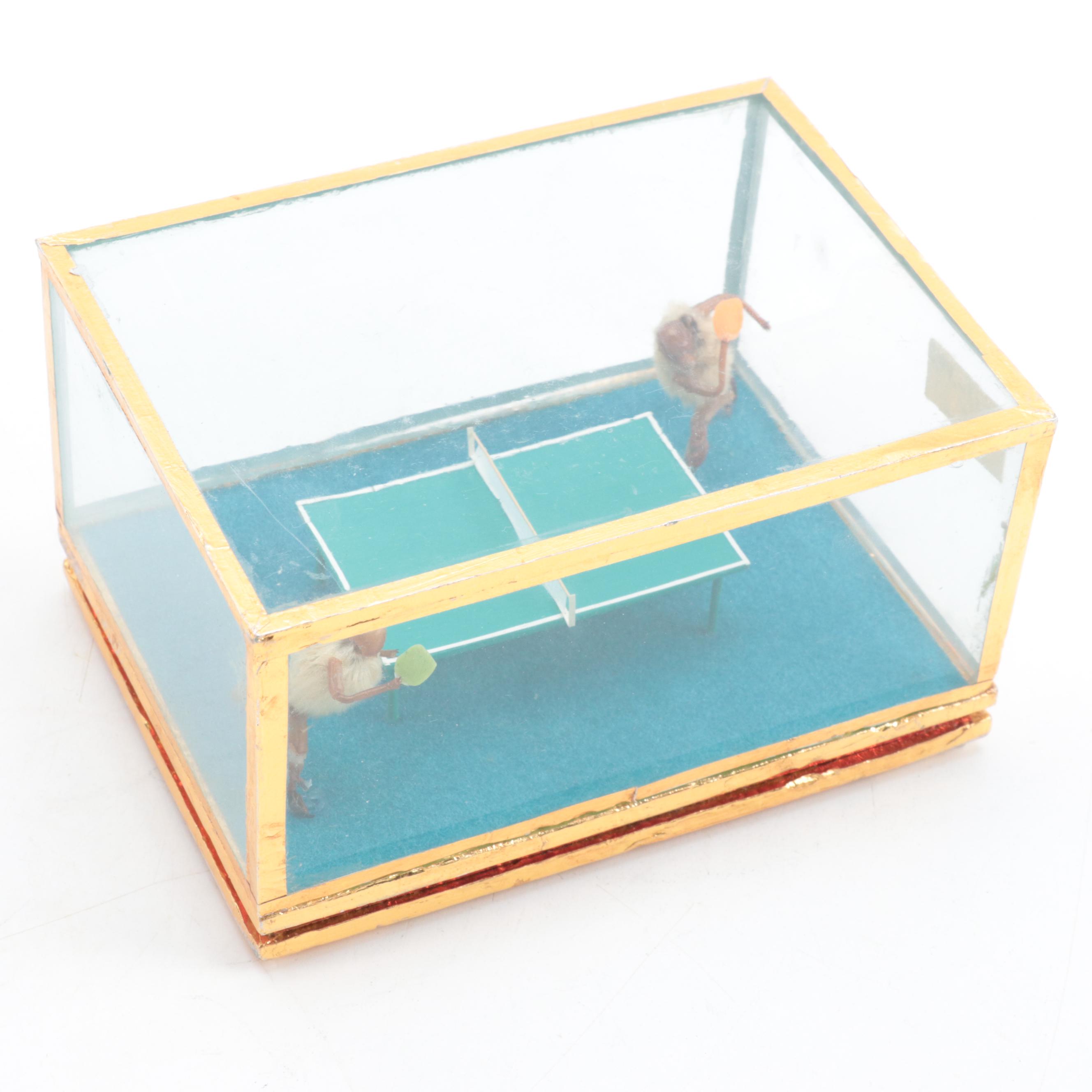 Chinese Taxidermy Furry Crickets Playing Table Tennis Diorama, Late 20th Century