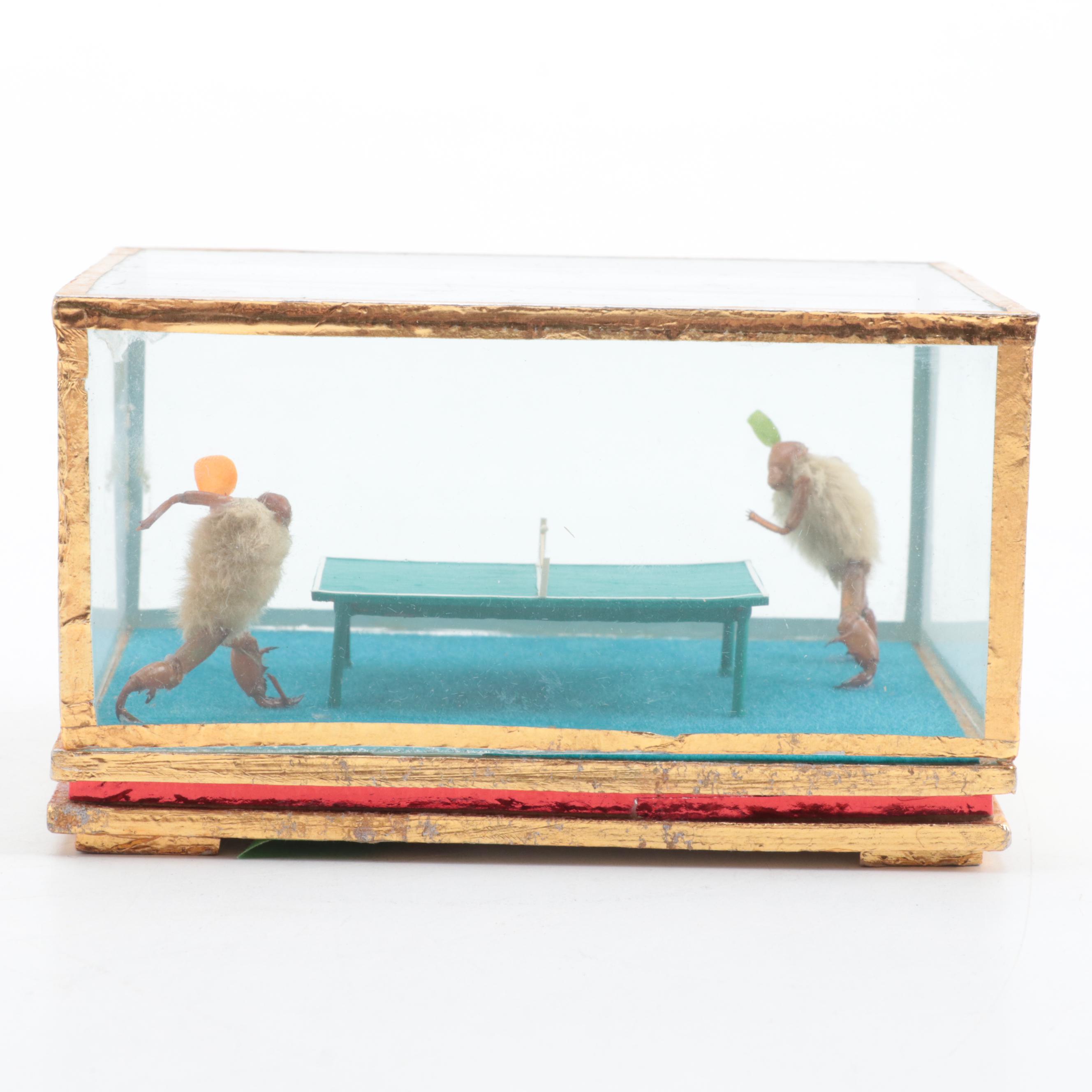 Chinese Taxidermy Furry Crickets Playing Table Tennis Diorama, Late 20th Century