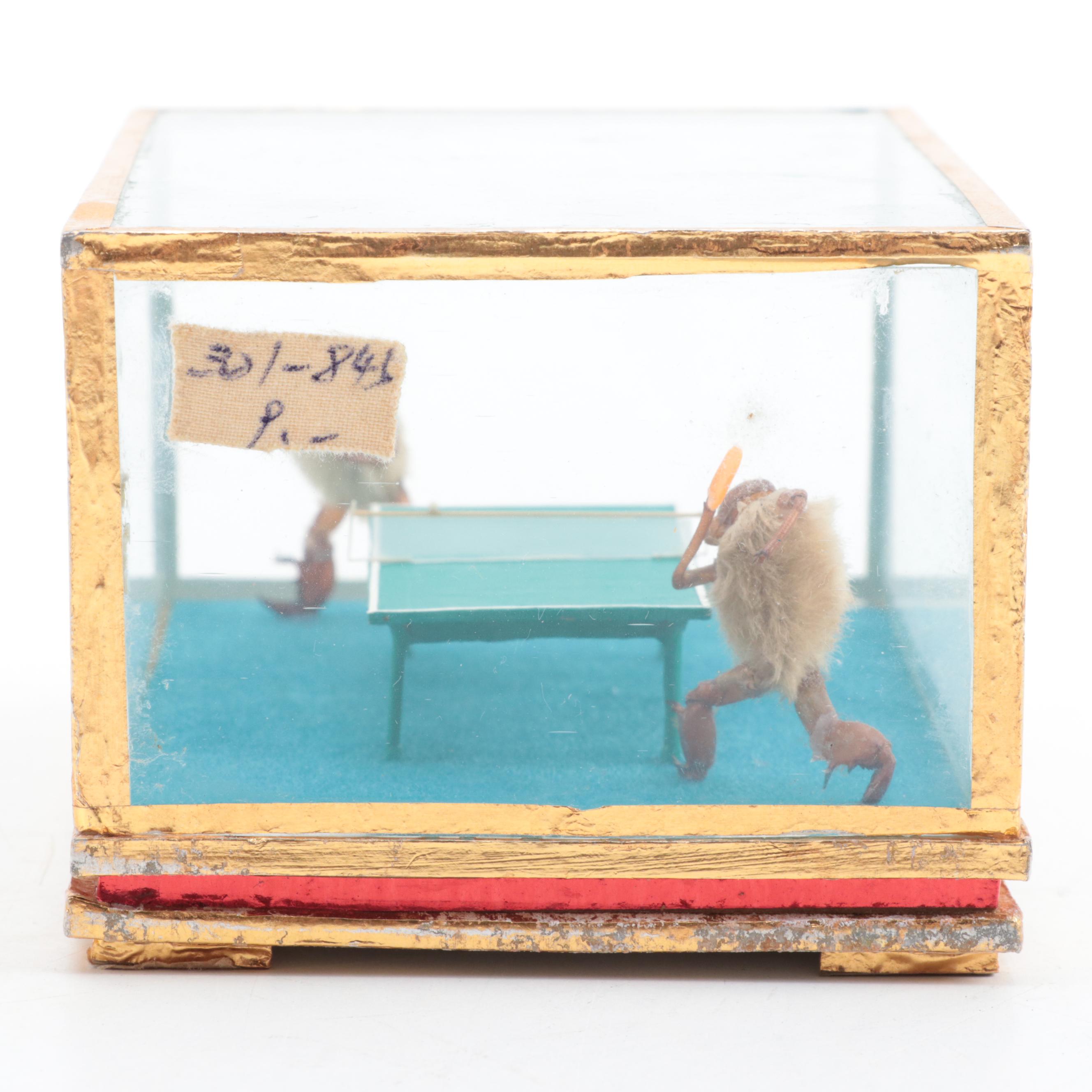 Chinese Taxidermy Furry Crickets Playing Table Tennis Diorama, Late 20th Century