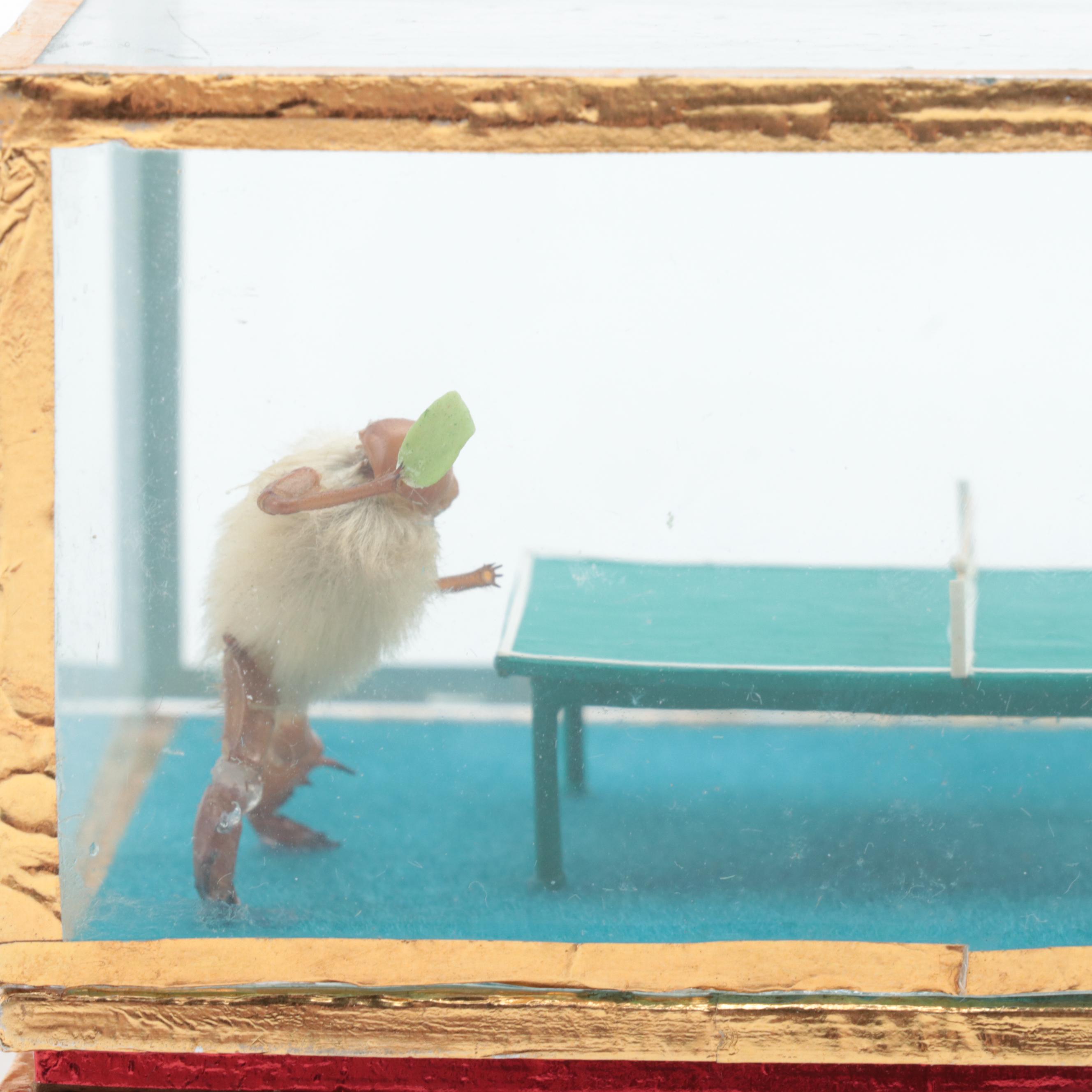 Chinese Taxidermy Furry Crickets Playing Table Tennis Diorama, Late 20th Century