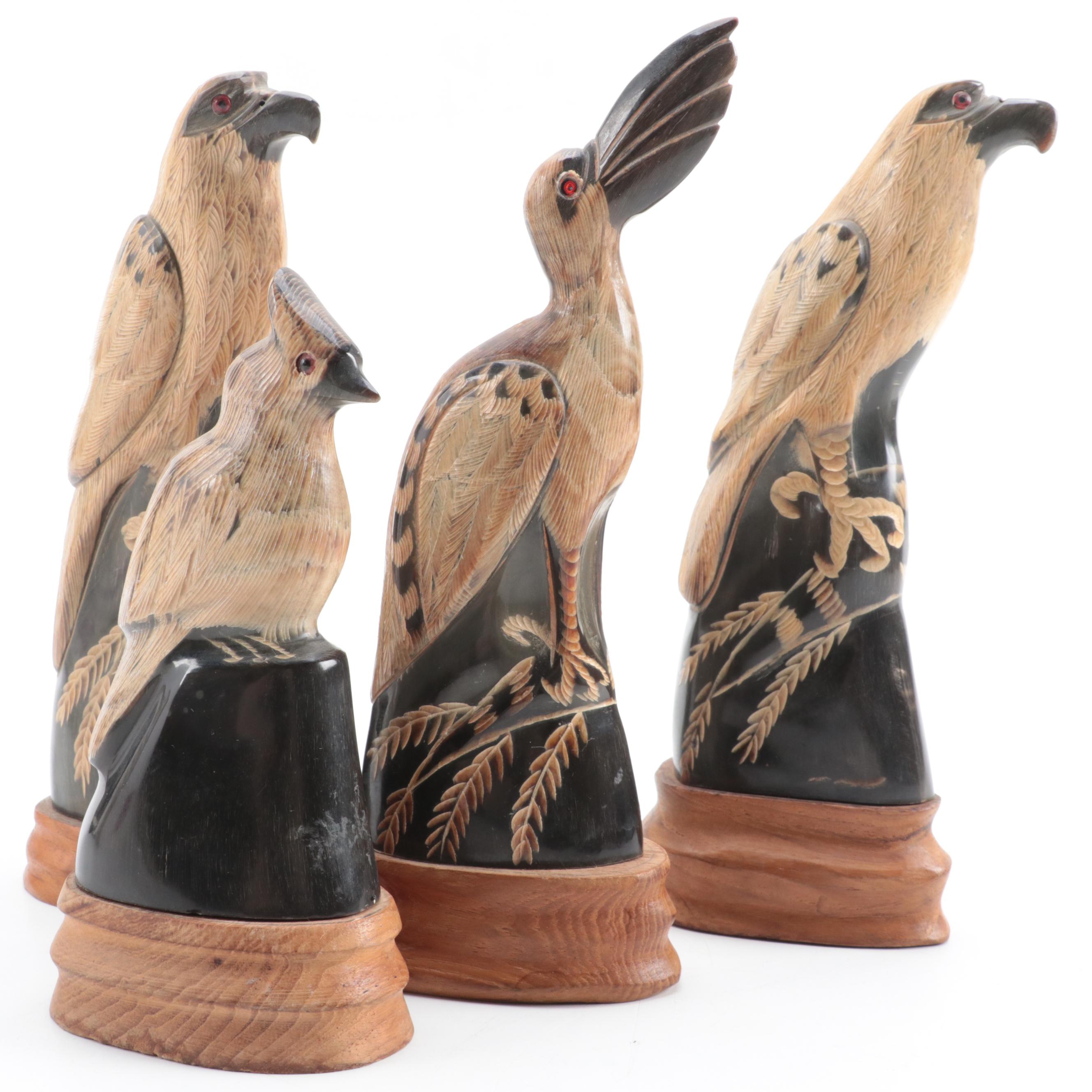 Thailand Hand-Carved Horn Birds on Wood Stands
