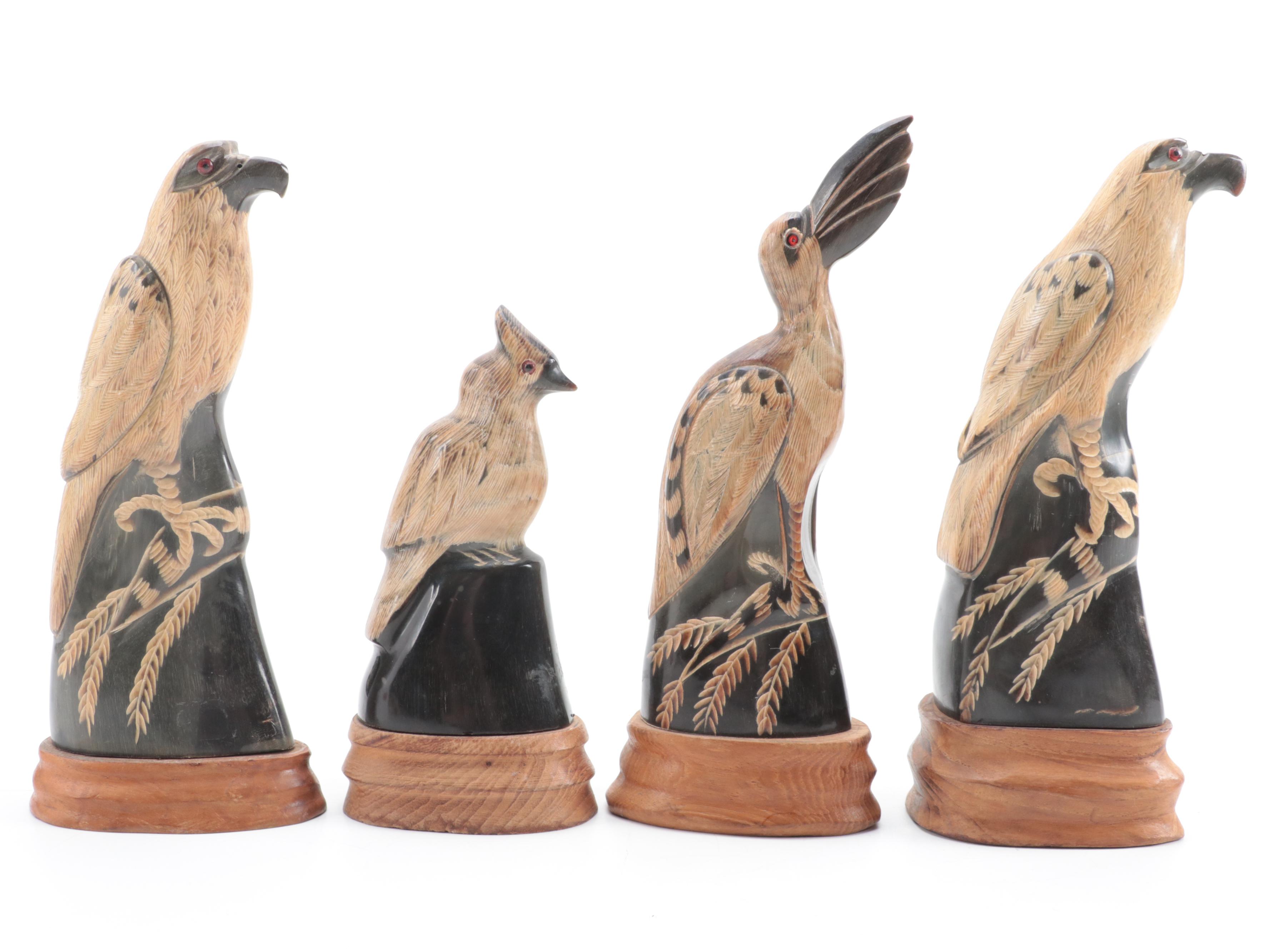 Thailand Hand-Carved Horn Birds on Wood Stands