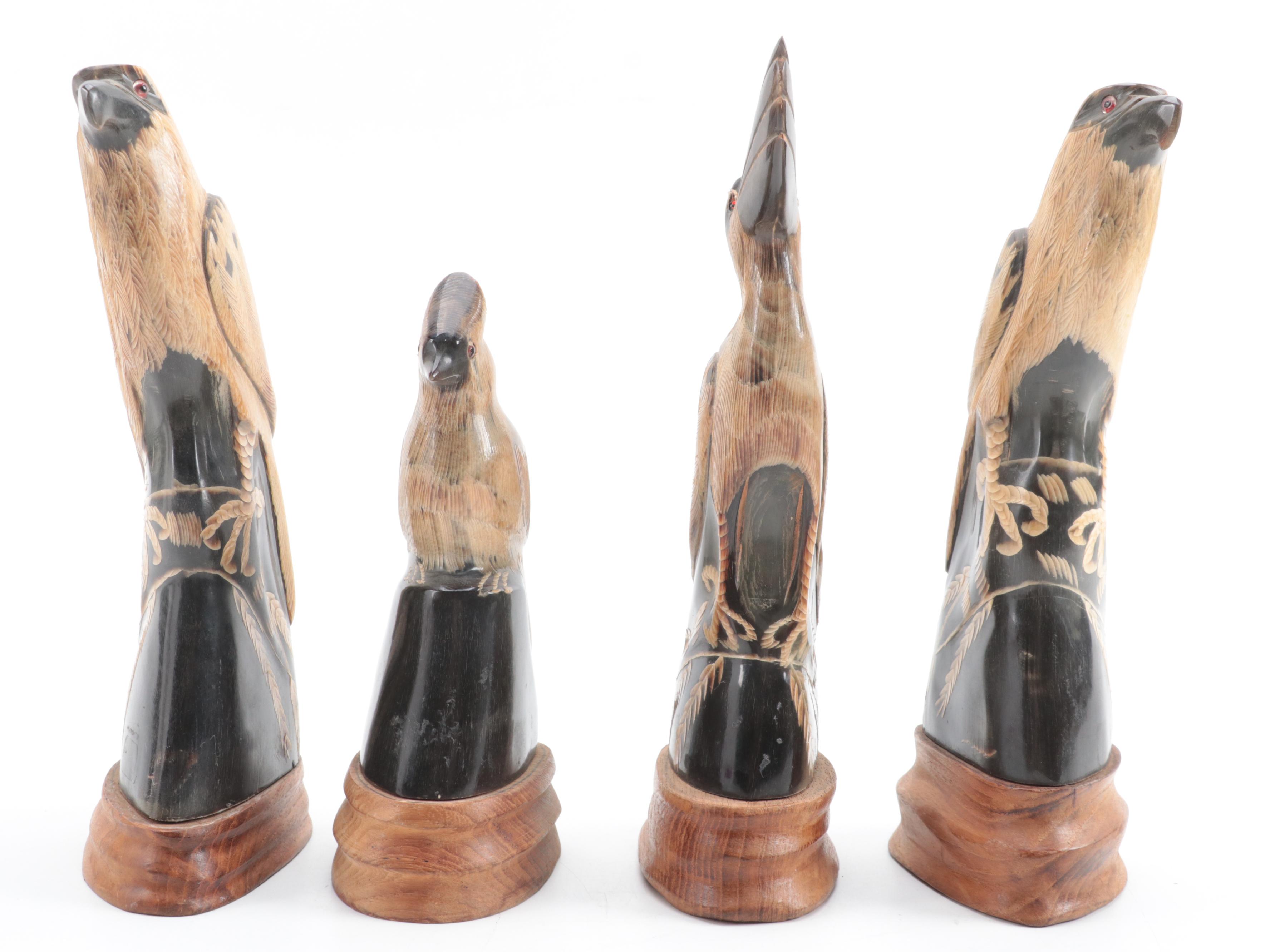 Thailand Hand-Carved Horn Birds on Wood Stands