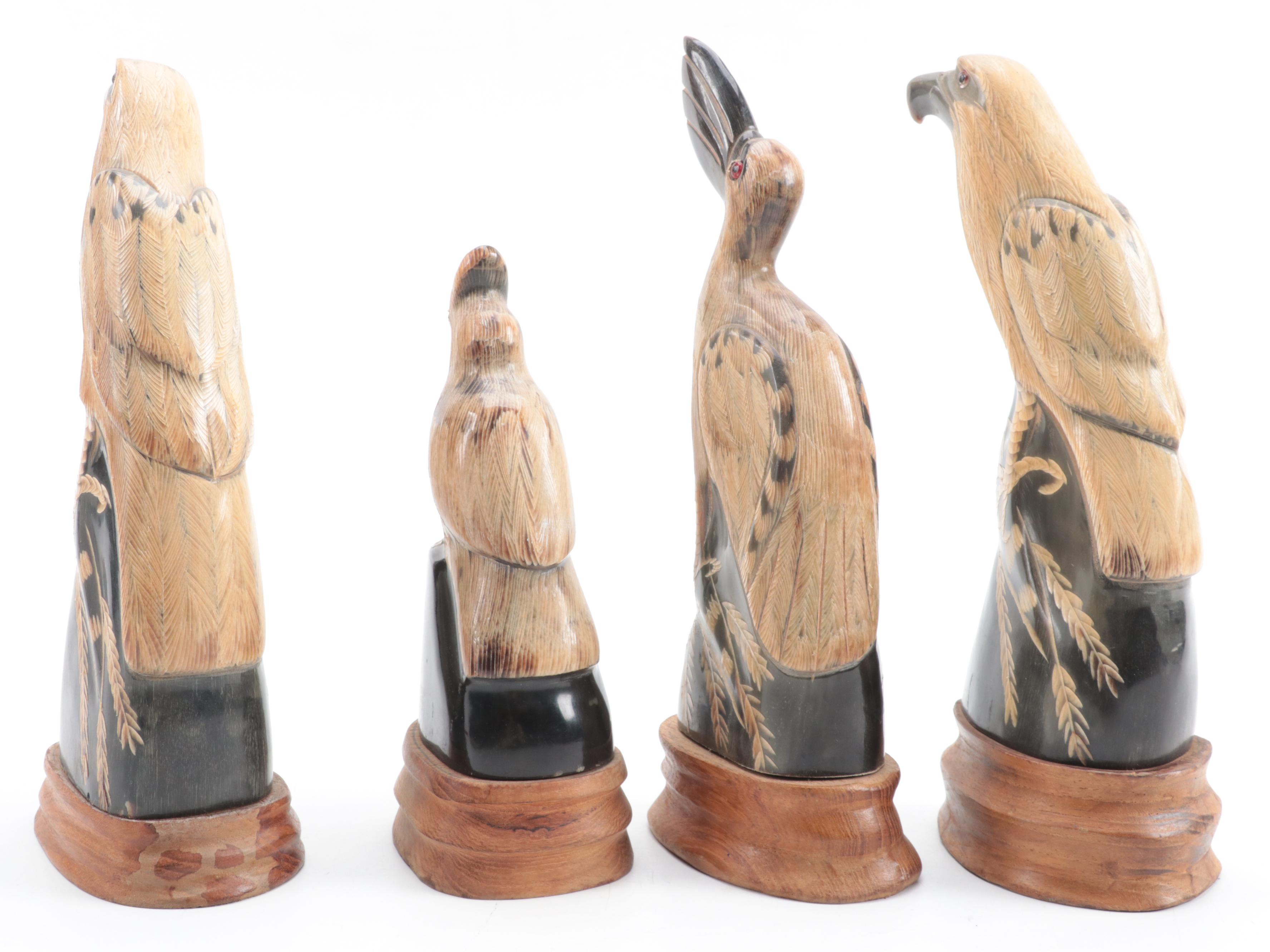 Thailand Hand-Carved Horn Birds on Wood Stands