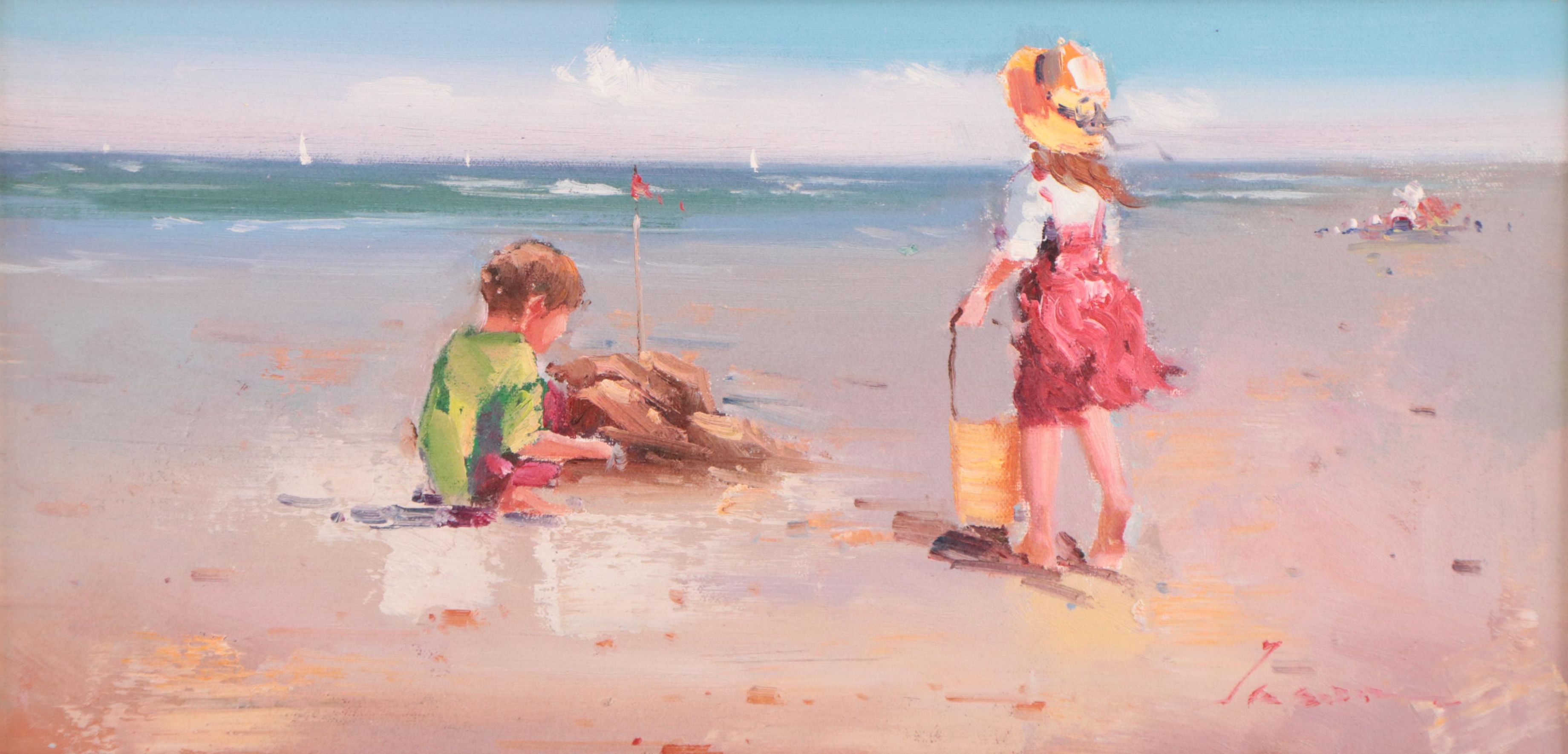 Beachscape Oil Painting of Children Playing, 21st Century
