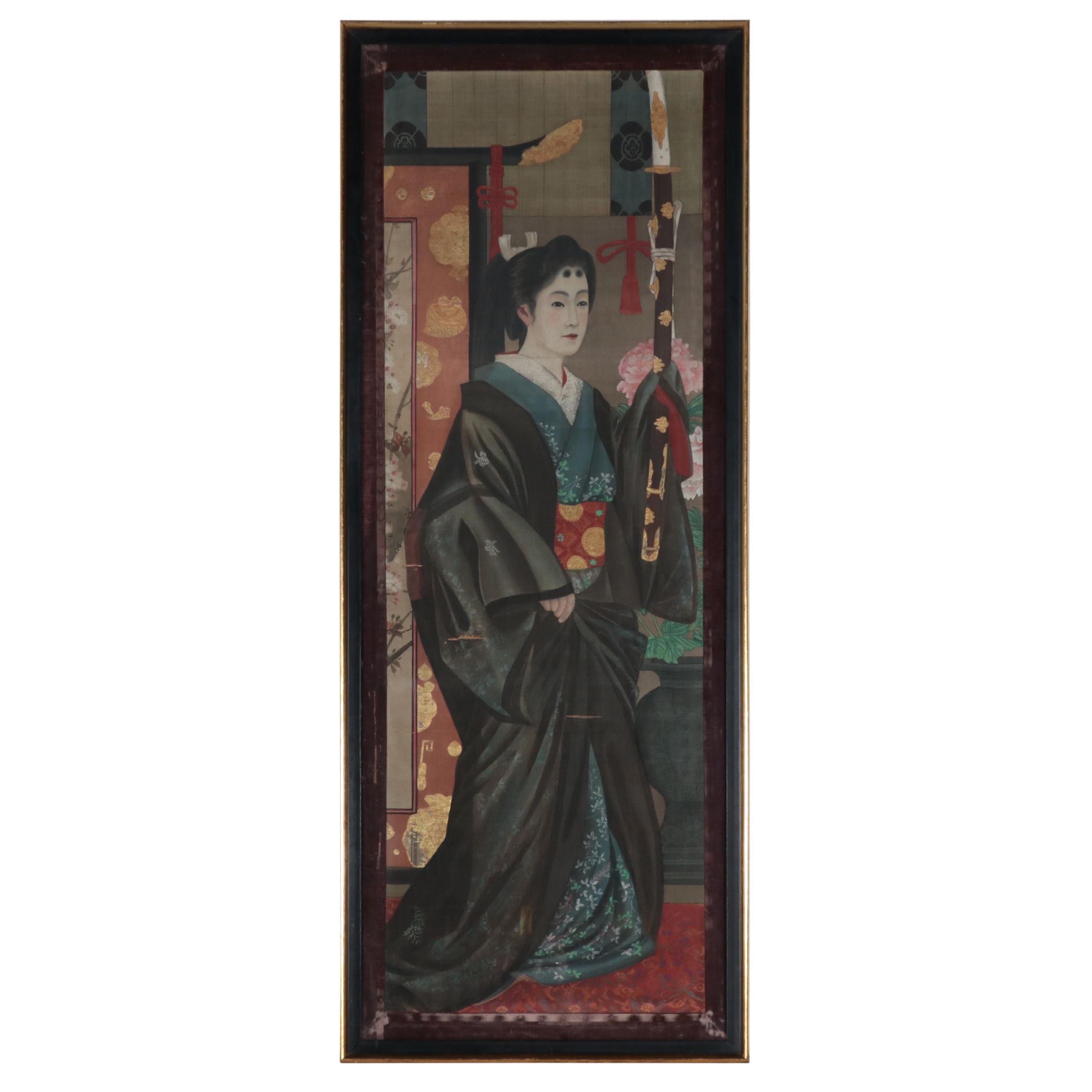 Japanese Meiji Period Full-Length Portrait Gouache Painting of a Woman