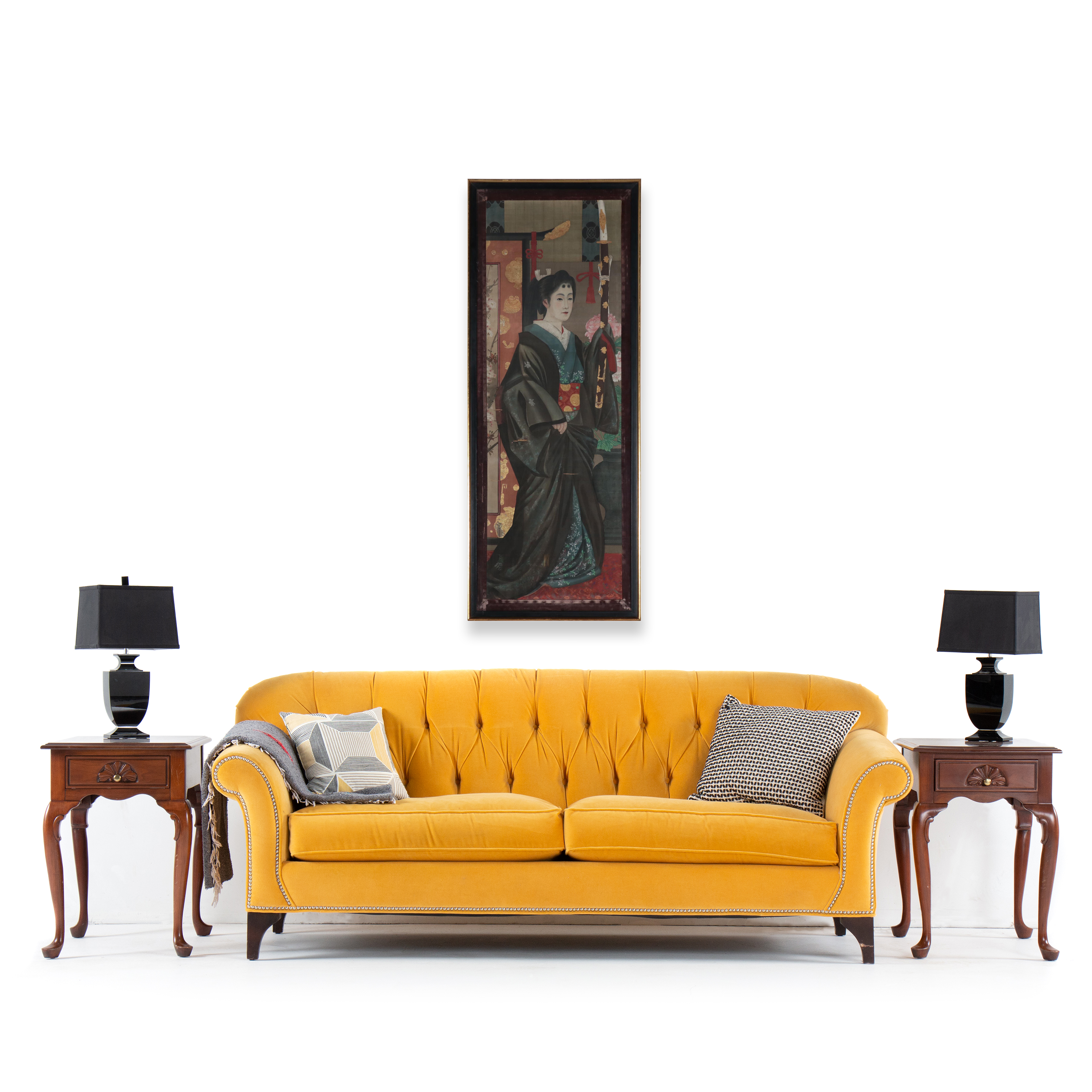 Japanese Meiji Period Full-Length Portrait Gouache Painting of a Woman