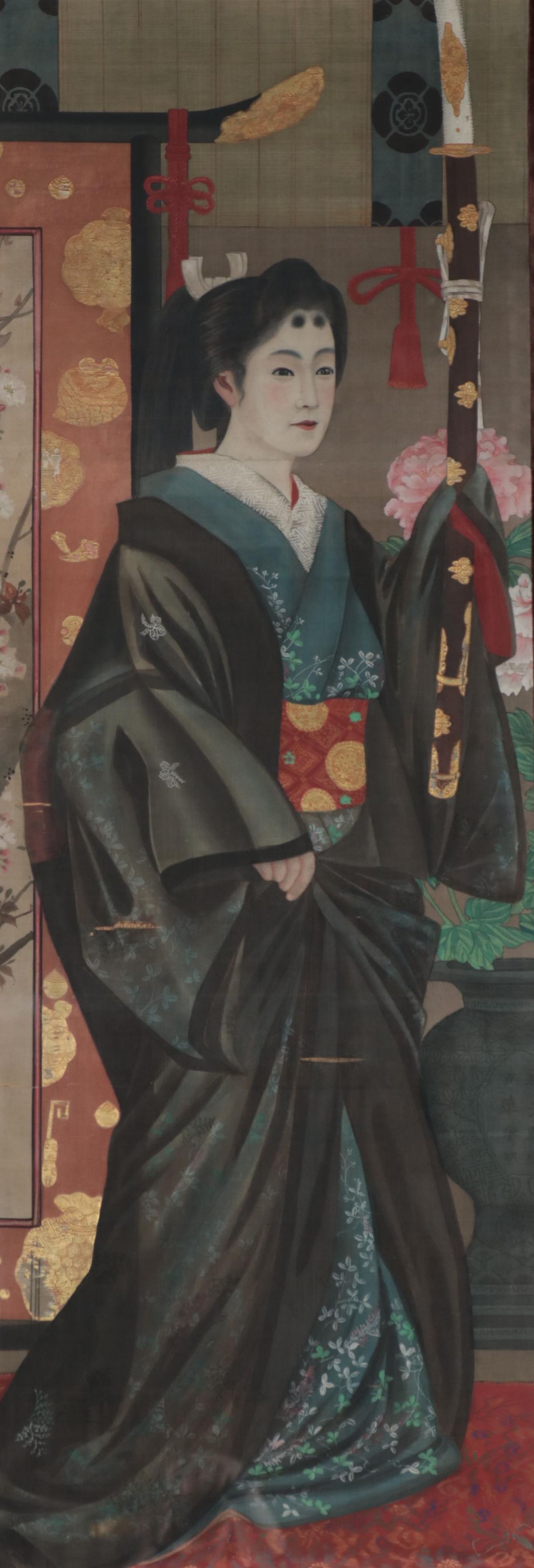 Japanese Meiji Period Full-Length Portrait Gouache Painting of a Woman