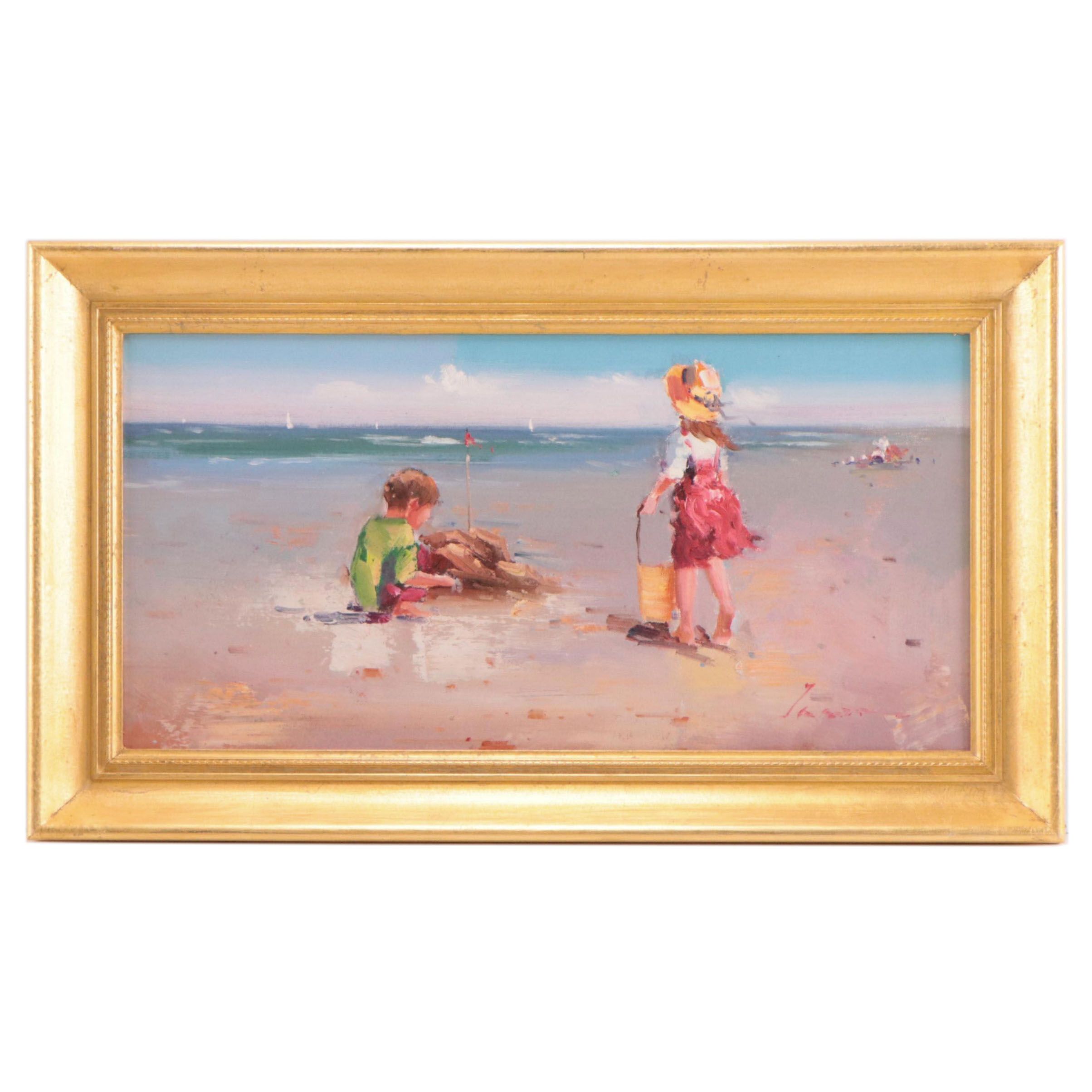 Beachscape Oil Painting of Children Playing, 21st Century