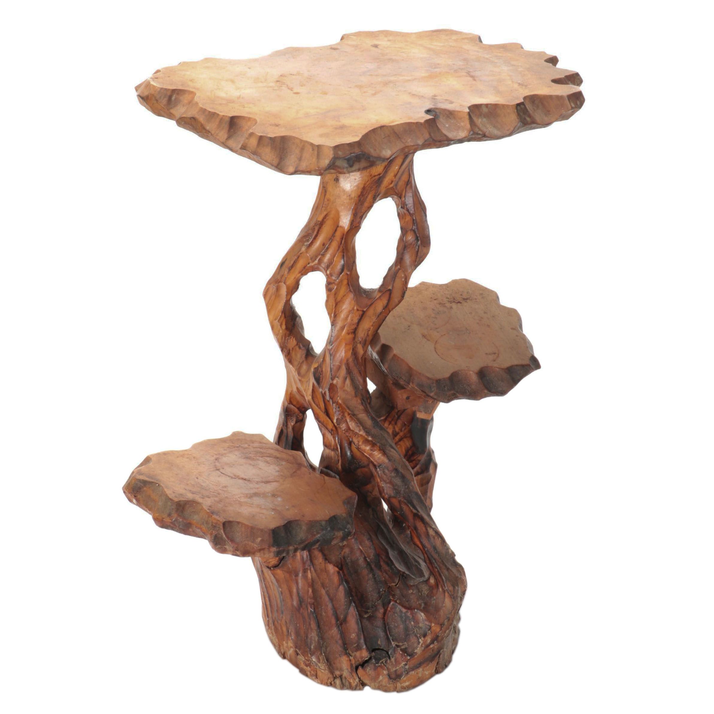 Hand-Made Carved Log Wooden Tiered Side Table