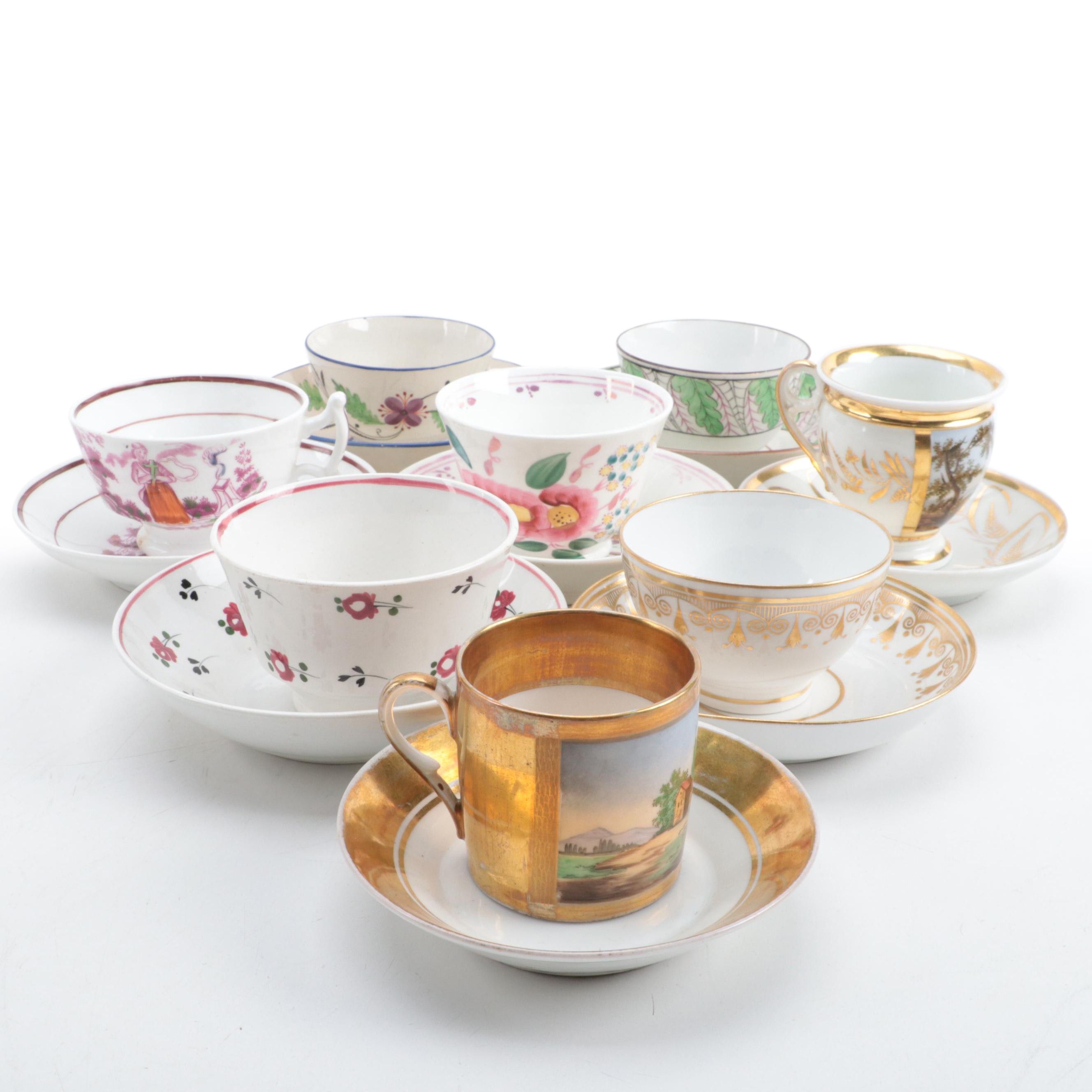 English Pearlware Tea Bowls and Cups with Other European Hand-Painted Teacups