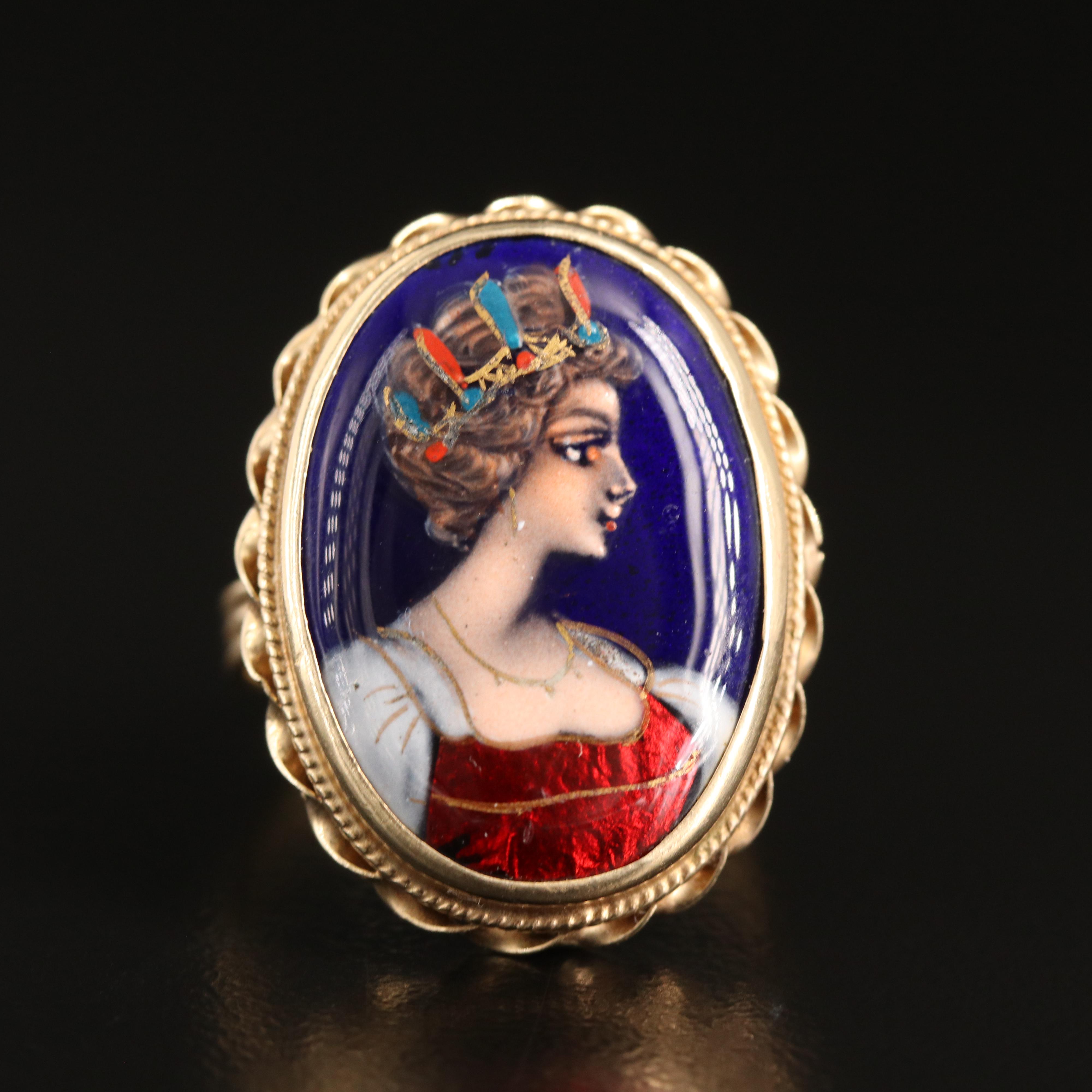 Vintage French 14K Enameled Portrait Ring