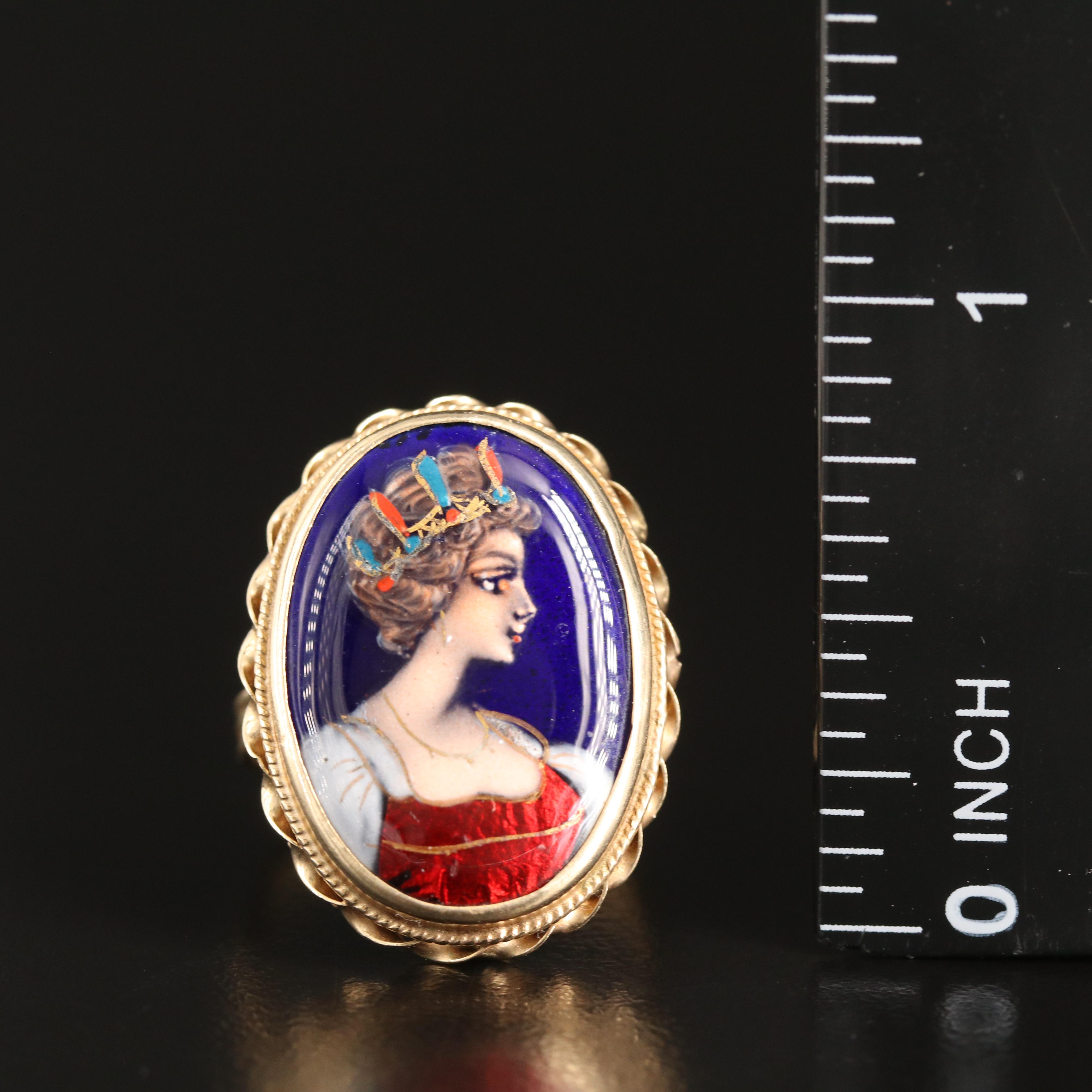 Vintage French 14K Enameled Portrait Ring