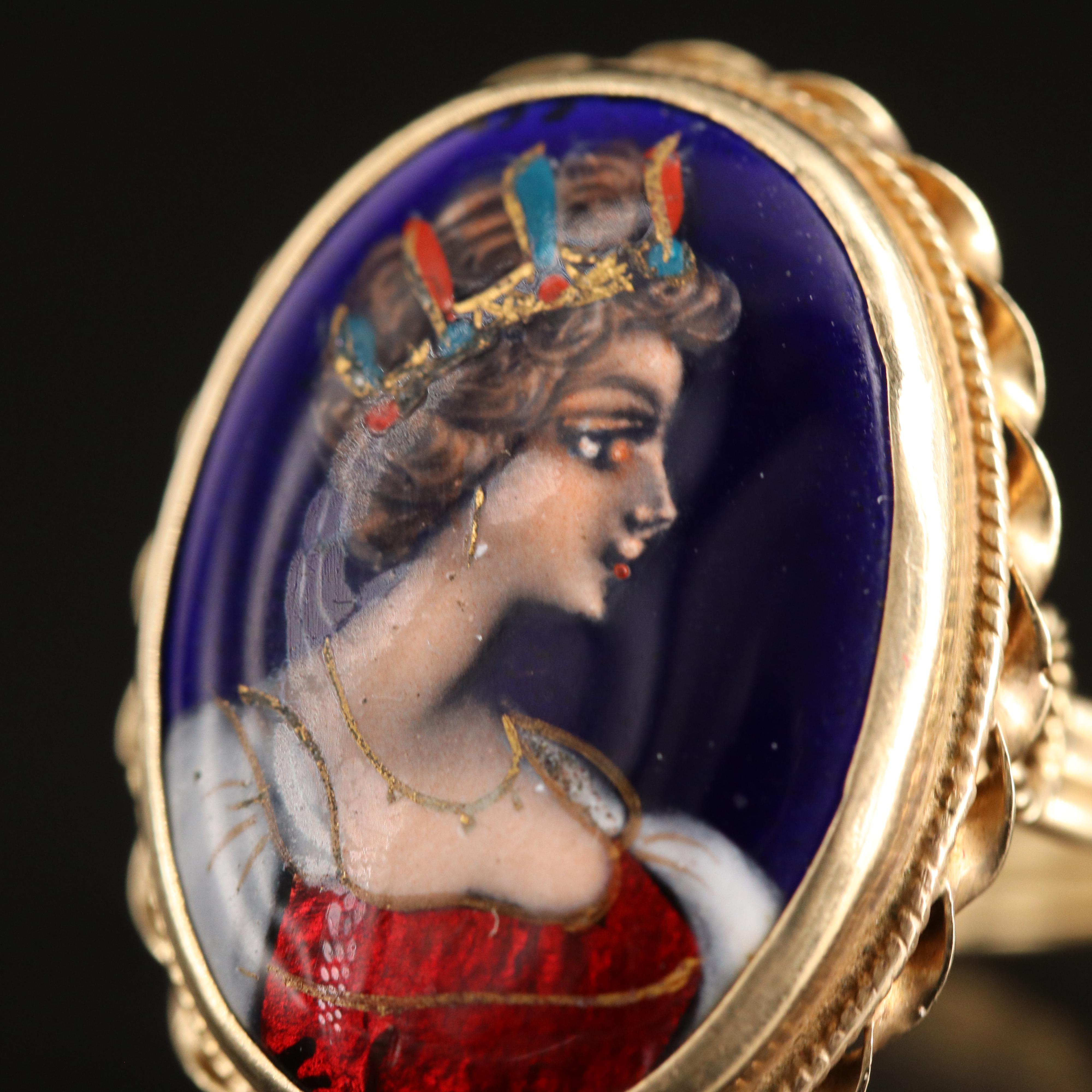 Vintage French 14K Enameled Portrait Ring