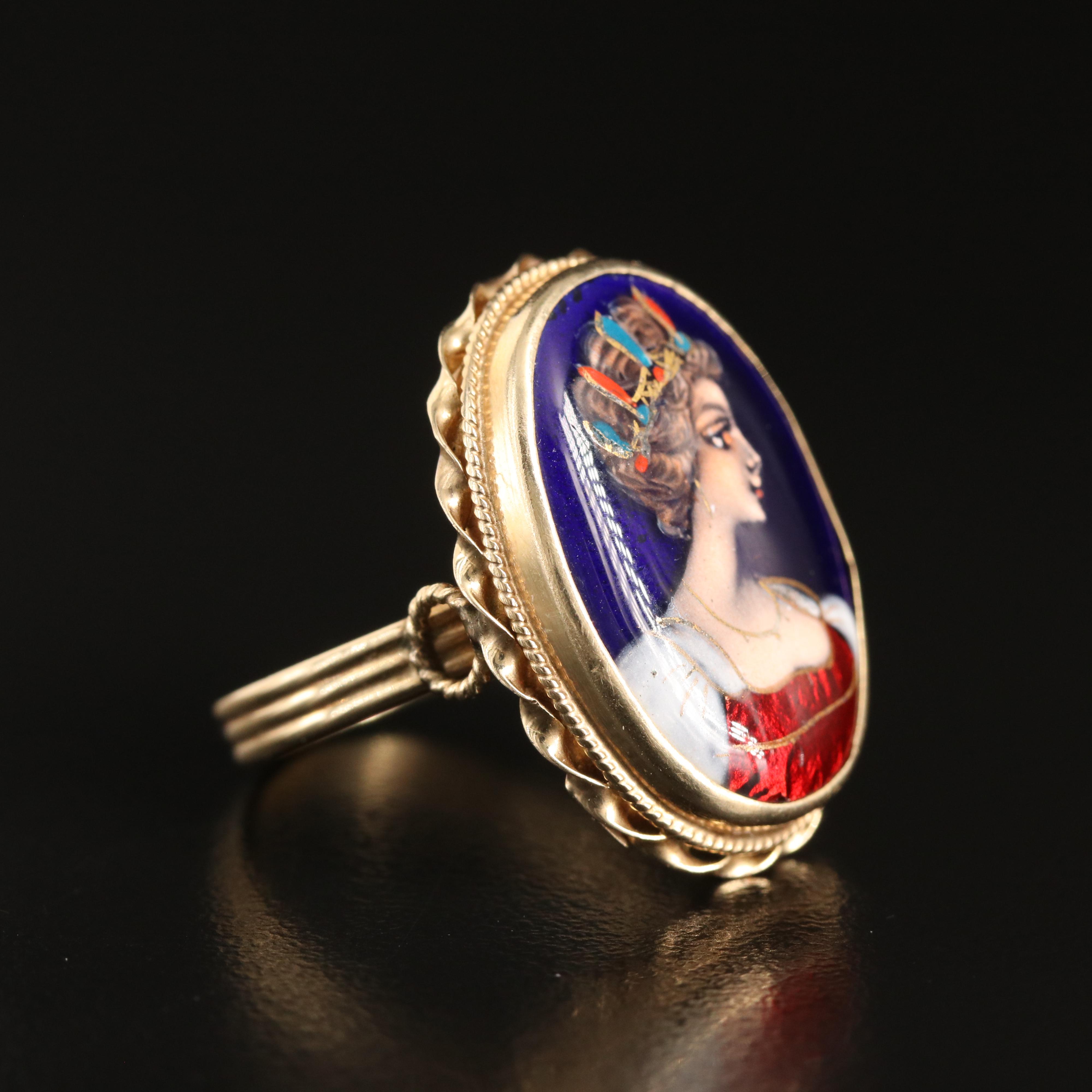 Vintage French 14K Enameled Portrait Ring