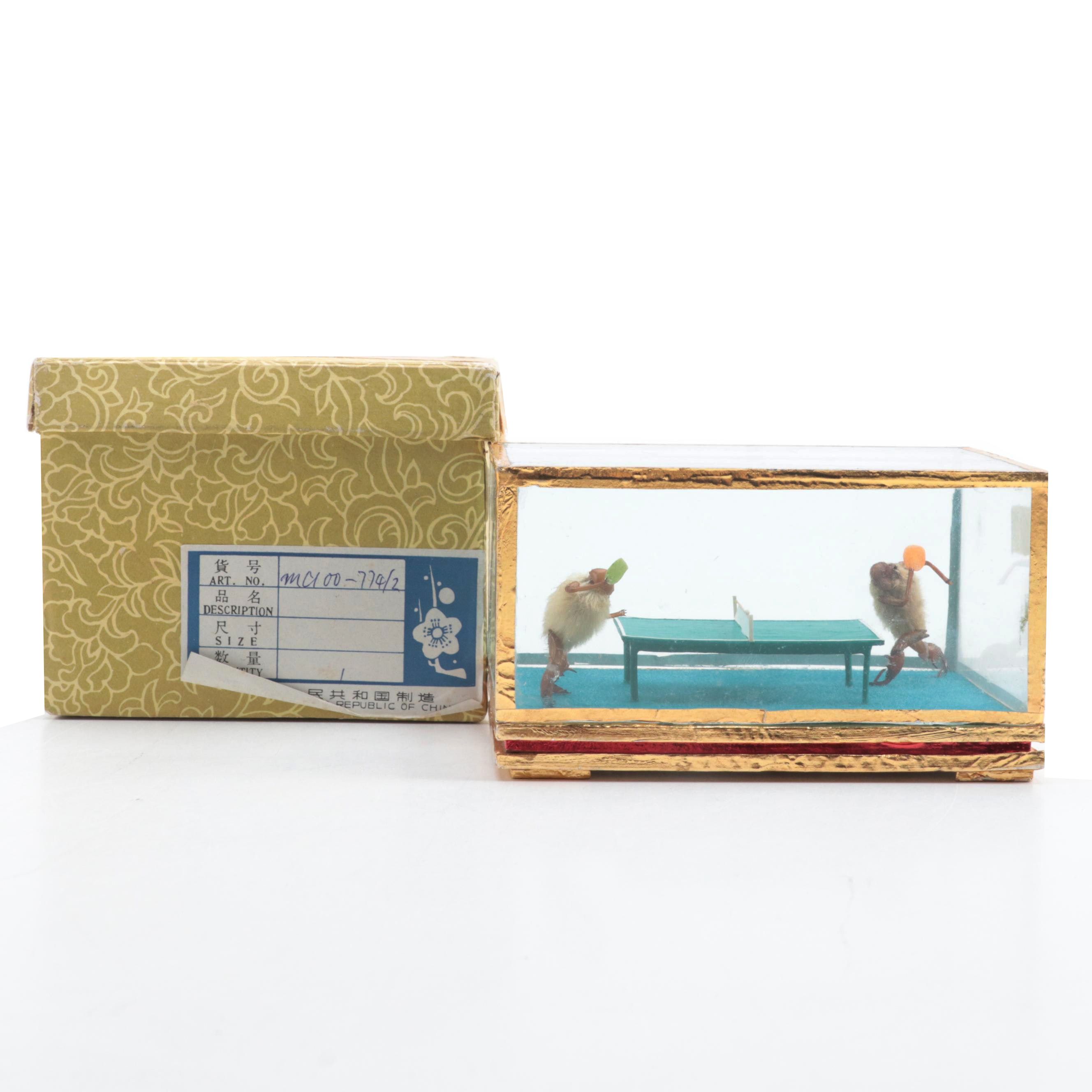Chinese Taxidermy Furry Crickets Playing Table Tennis Diorama, Late 20th Century