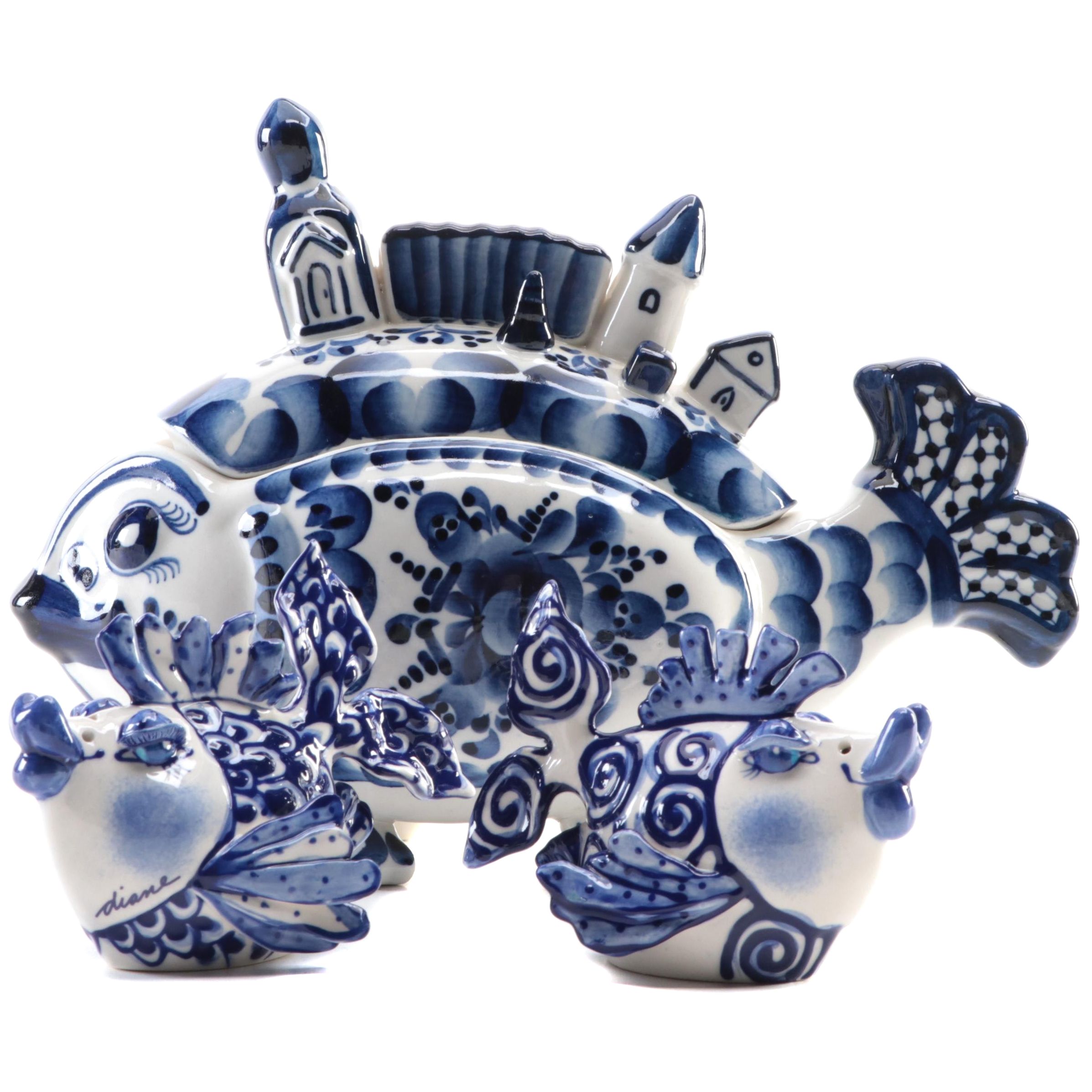 Russian Gzhel Porcelain Fish Shaped Jar with Other Salt and Pepper Shakers