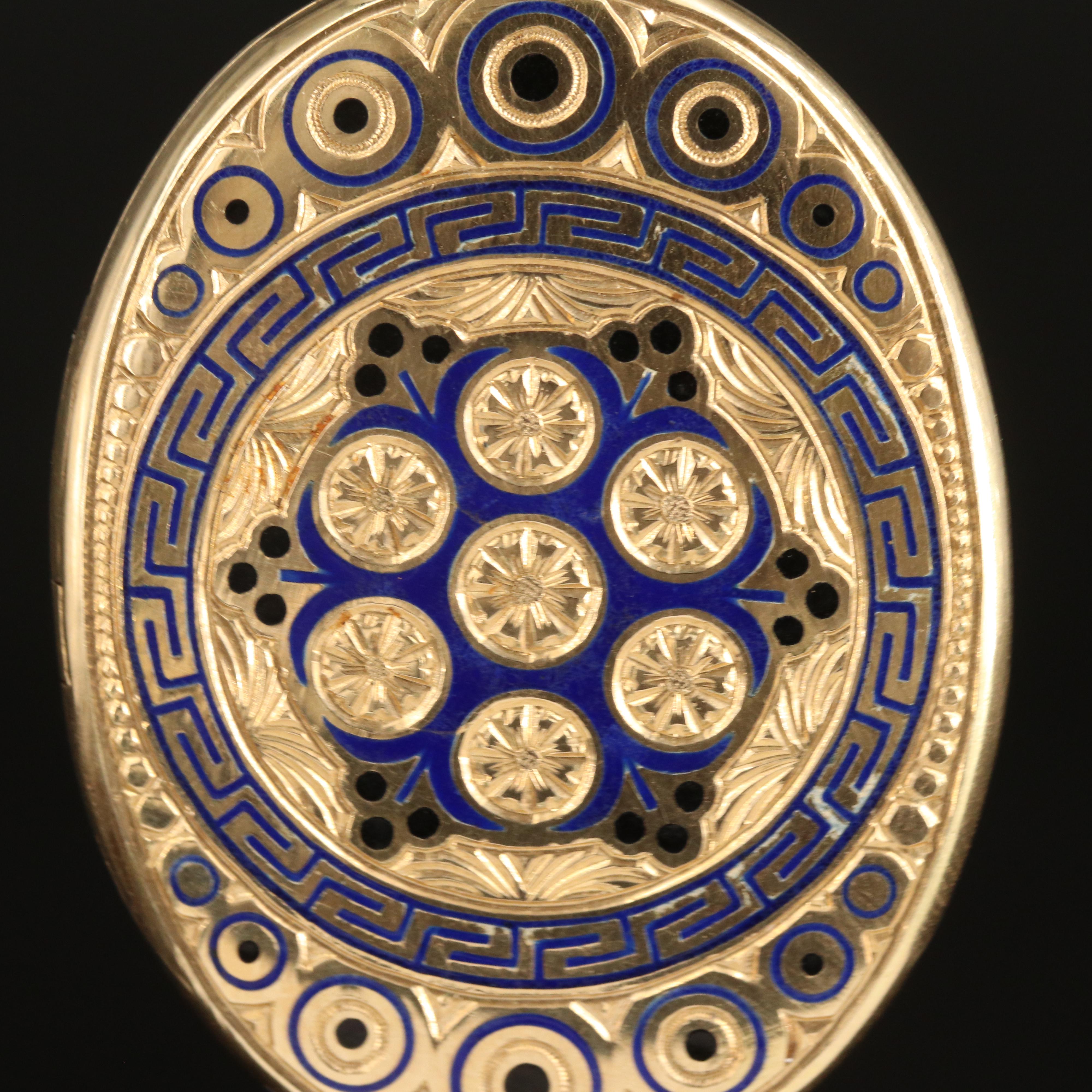 Vintage 14K Floral and Greek Key Champlevé Enamel Locket Pendant