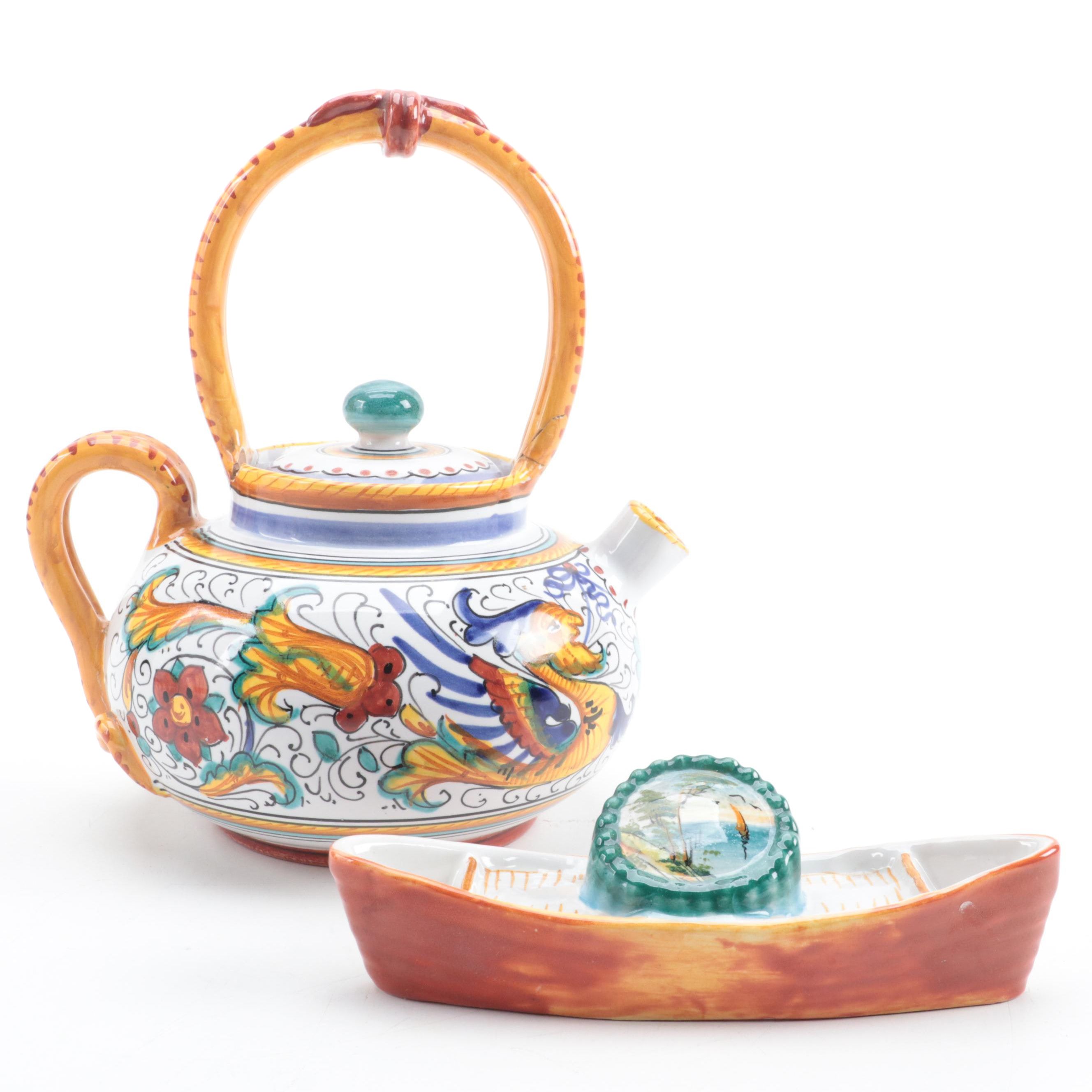 Italian Detura Majolica Teapot and Canoe