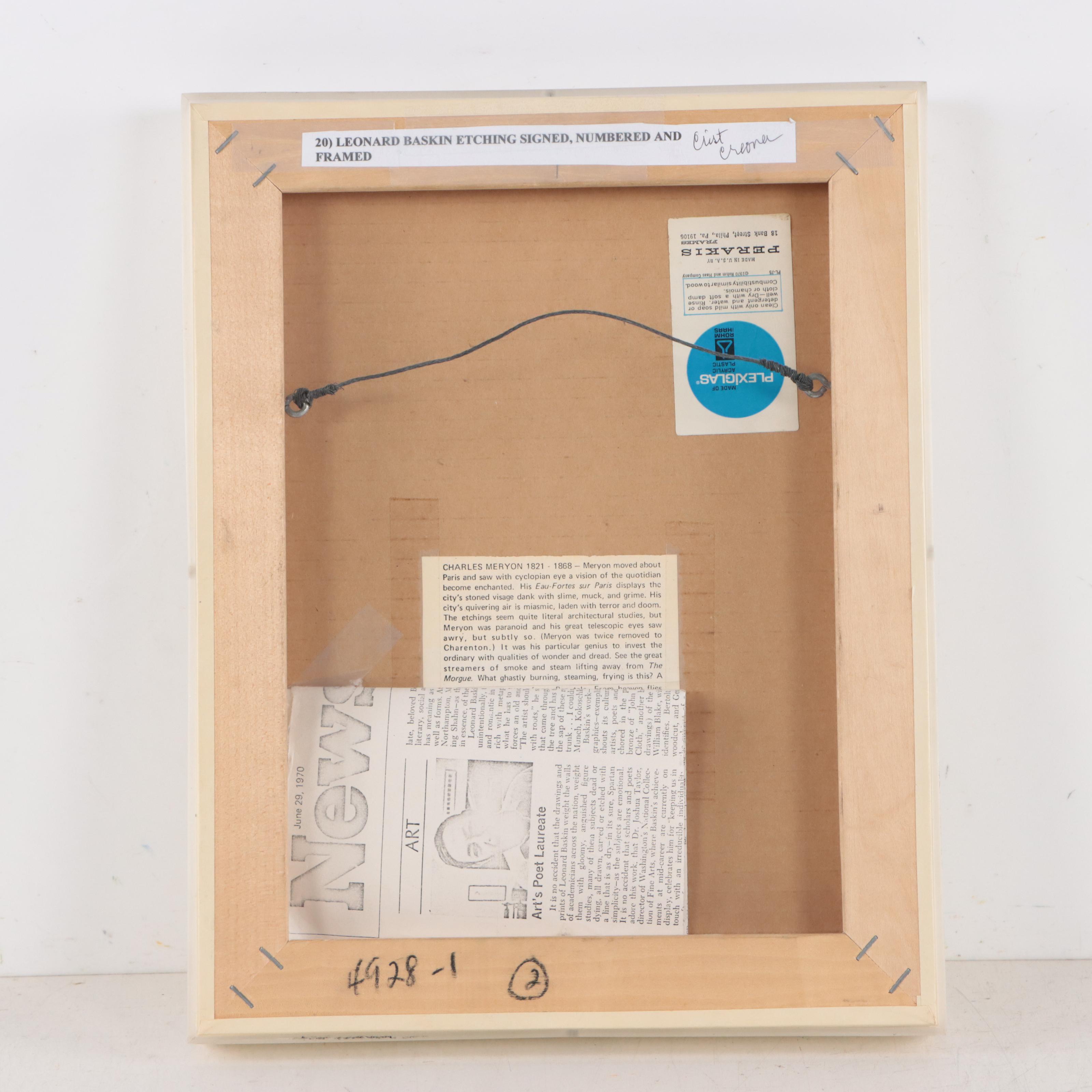 Leonard Baskin Portrait Etching of Bearded Man, Circa 1980