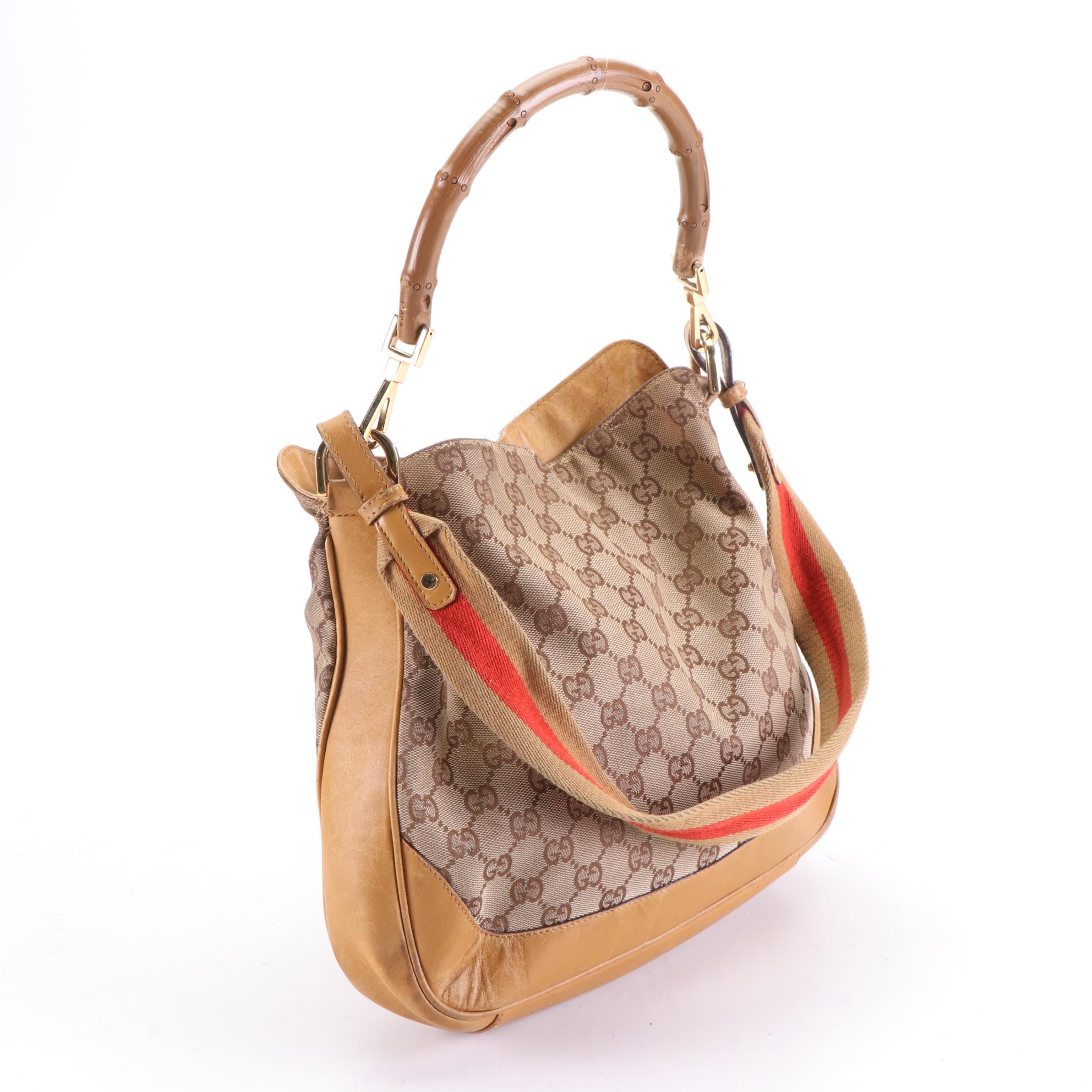 Gucci Two-Way Bamboo Handle Bag in GG Canvas and Leather Trim