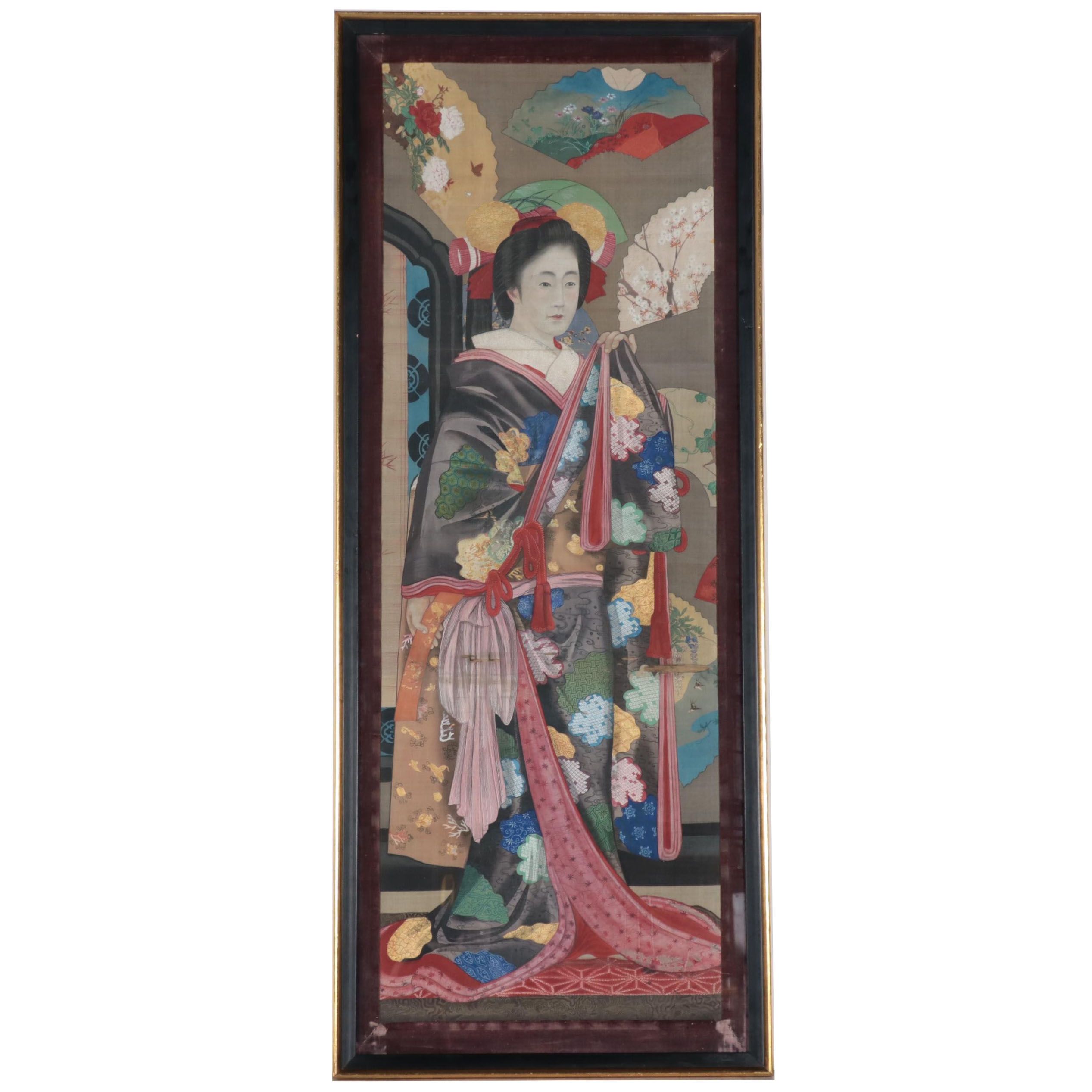 Japanese Meiji Period Full-Length Portrait Gouache Painting of a Woman