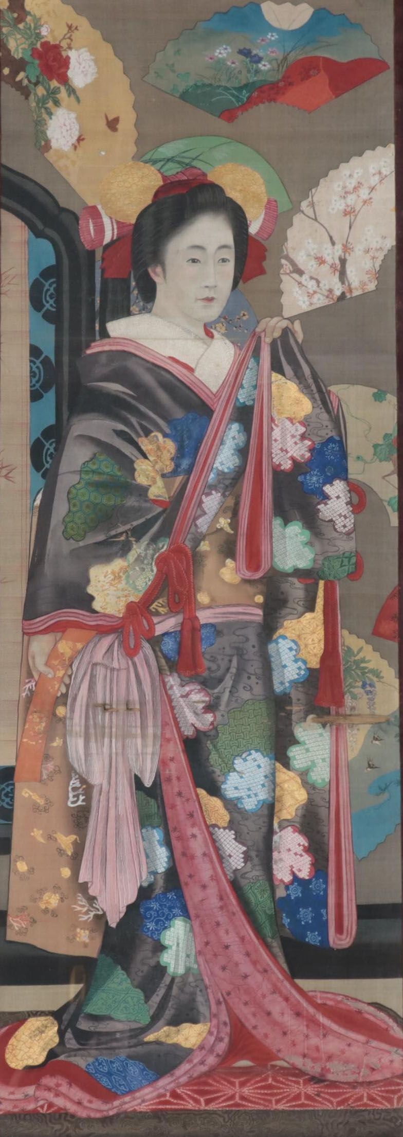 Japanese Meiji Period Full-Length Portrait Gouache Painting of a Woman