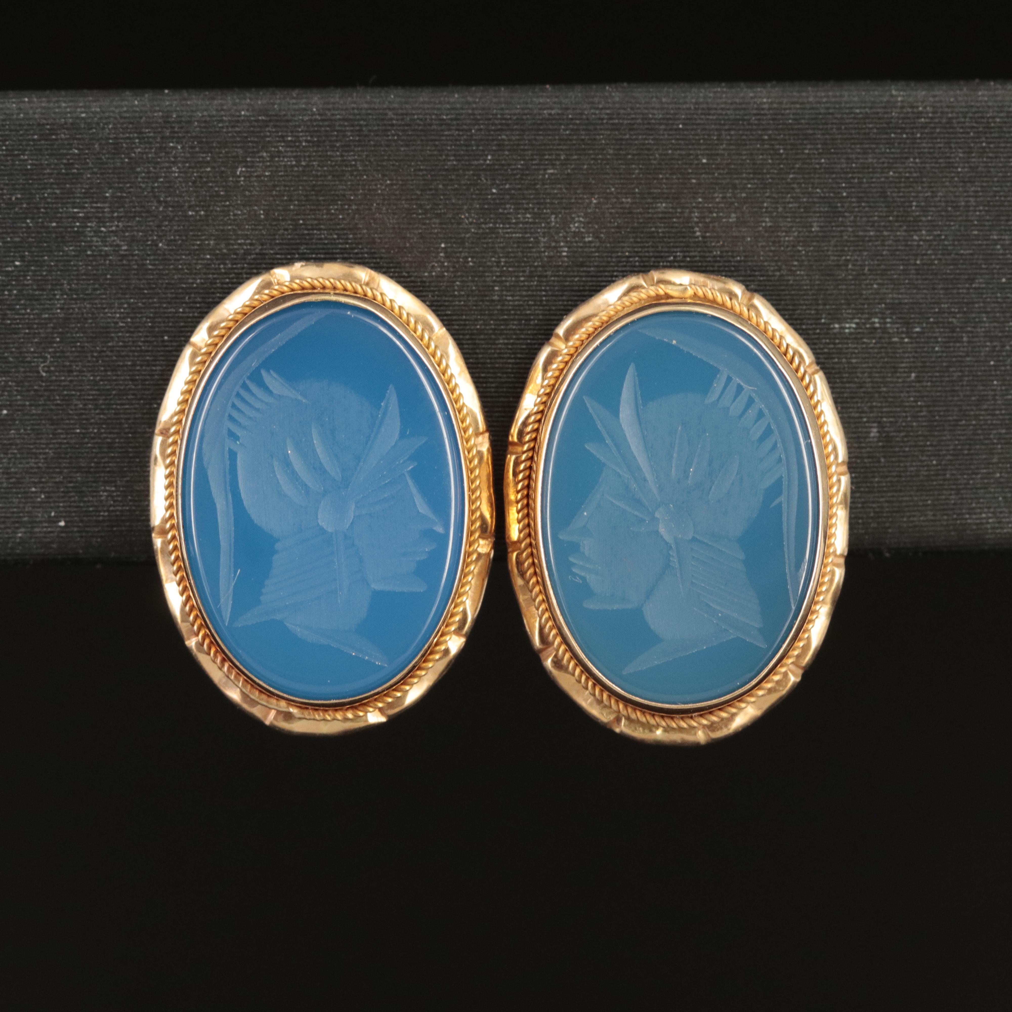 14K Chalcedony Intaglio Roman Soldier Earrings
