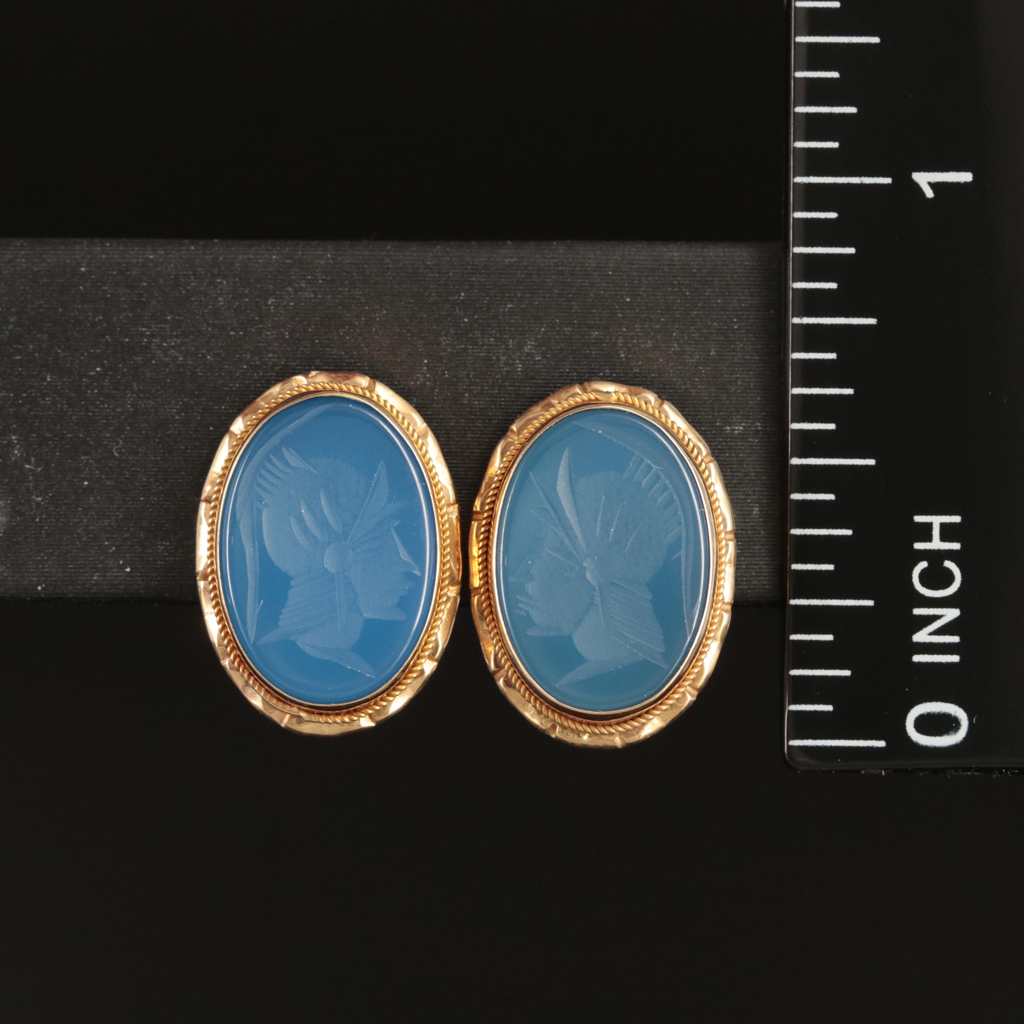 14K Chalcedony Intaglio Roman Soldier Earrings