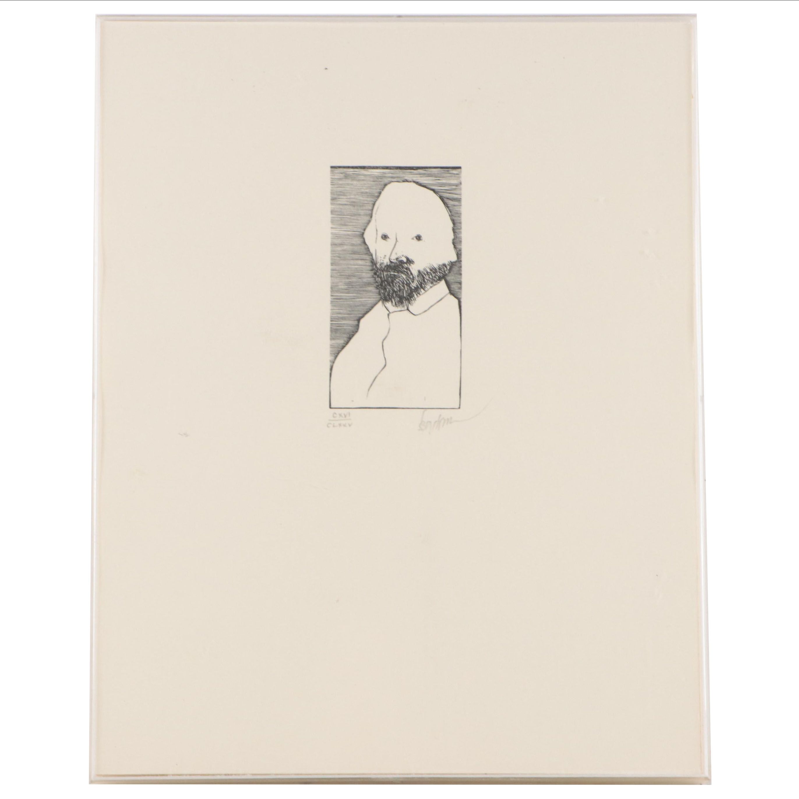 Leonard Baskin Portrait Etching of Bearded Man, Circa 1980