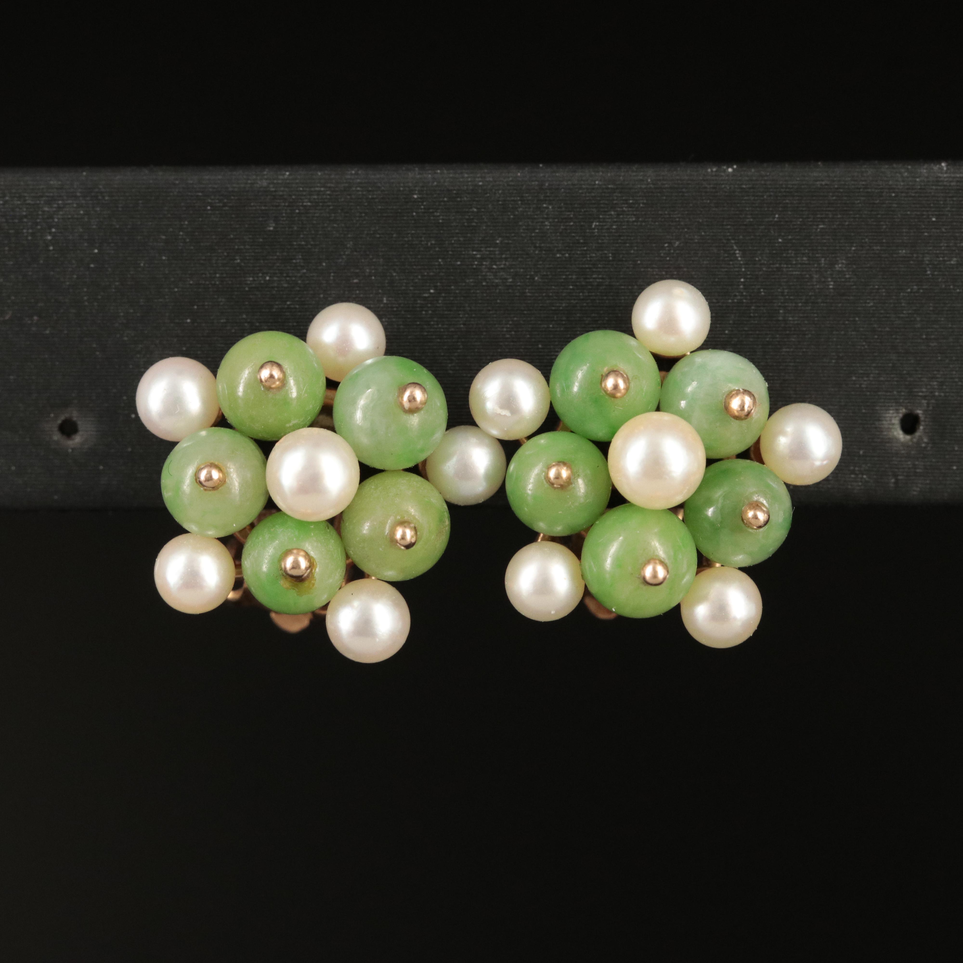 14K Rose Gold Pearl and Jadeite Cluster Earrings