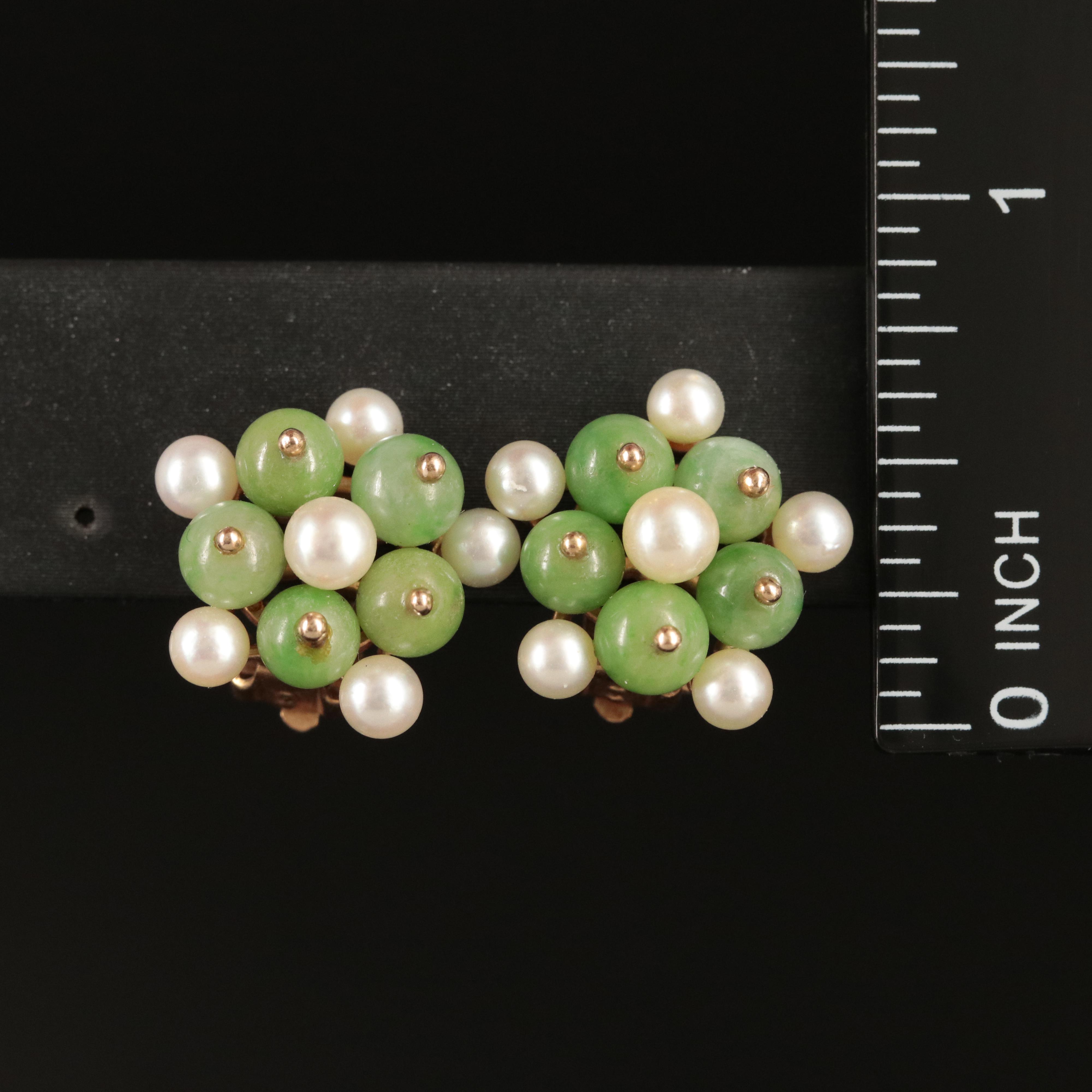 14K Rose Gold Pearl and Jadeite Cluster Earrings