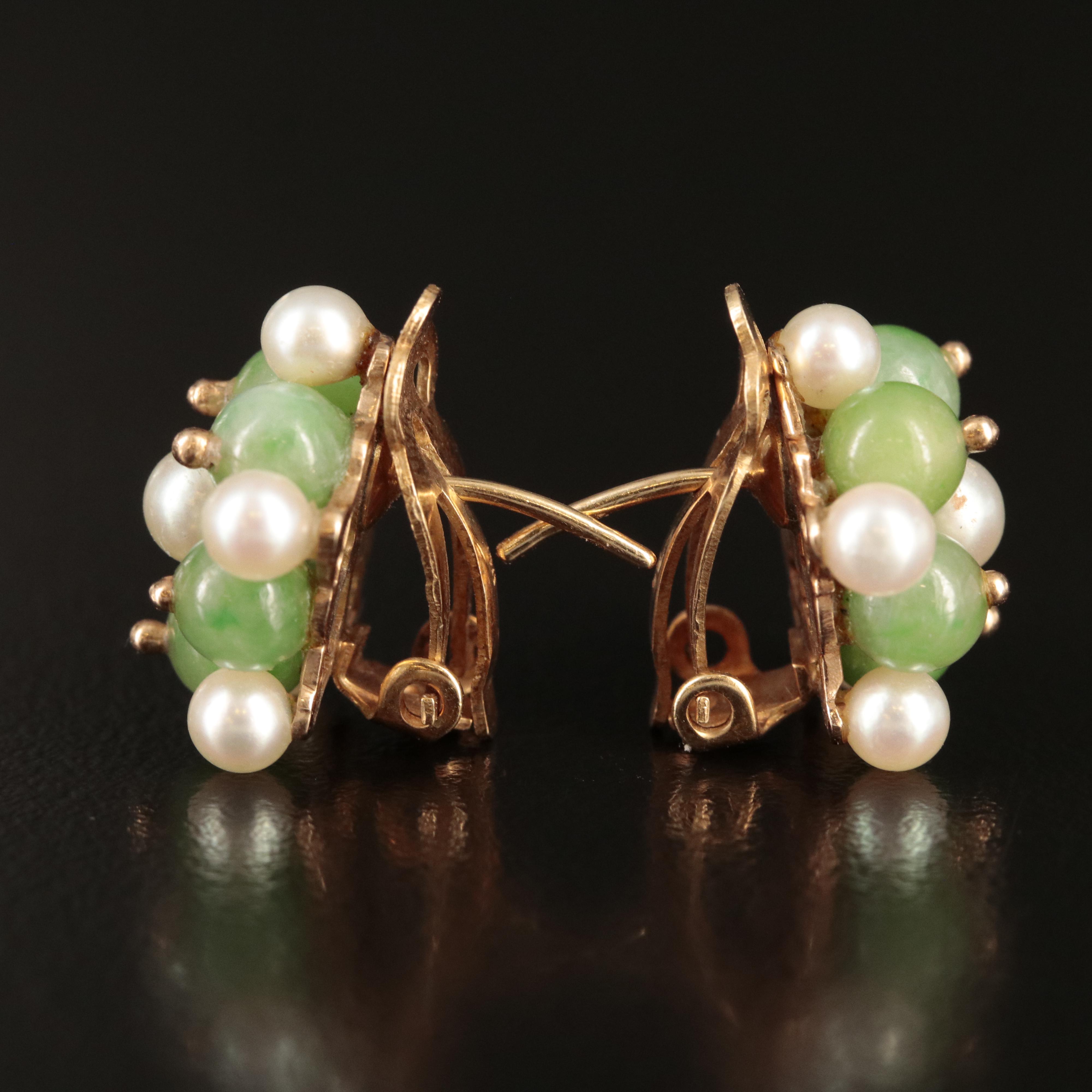 14K Rose Gold Pearl and Jadeite Cluster Earrings