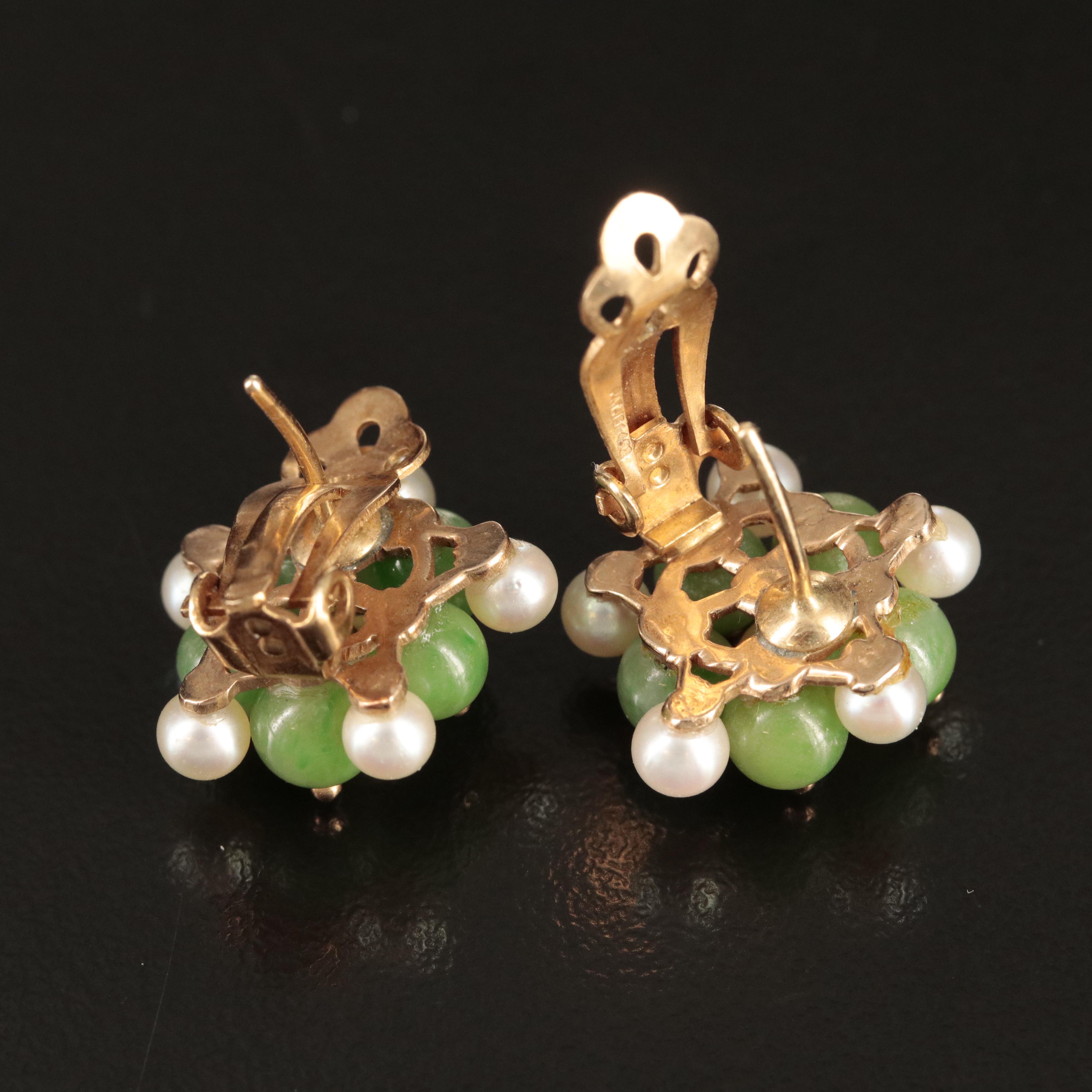 14K Rose Gold Pearl and Jadeite Cluster Earrings
