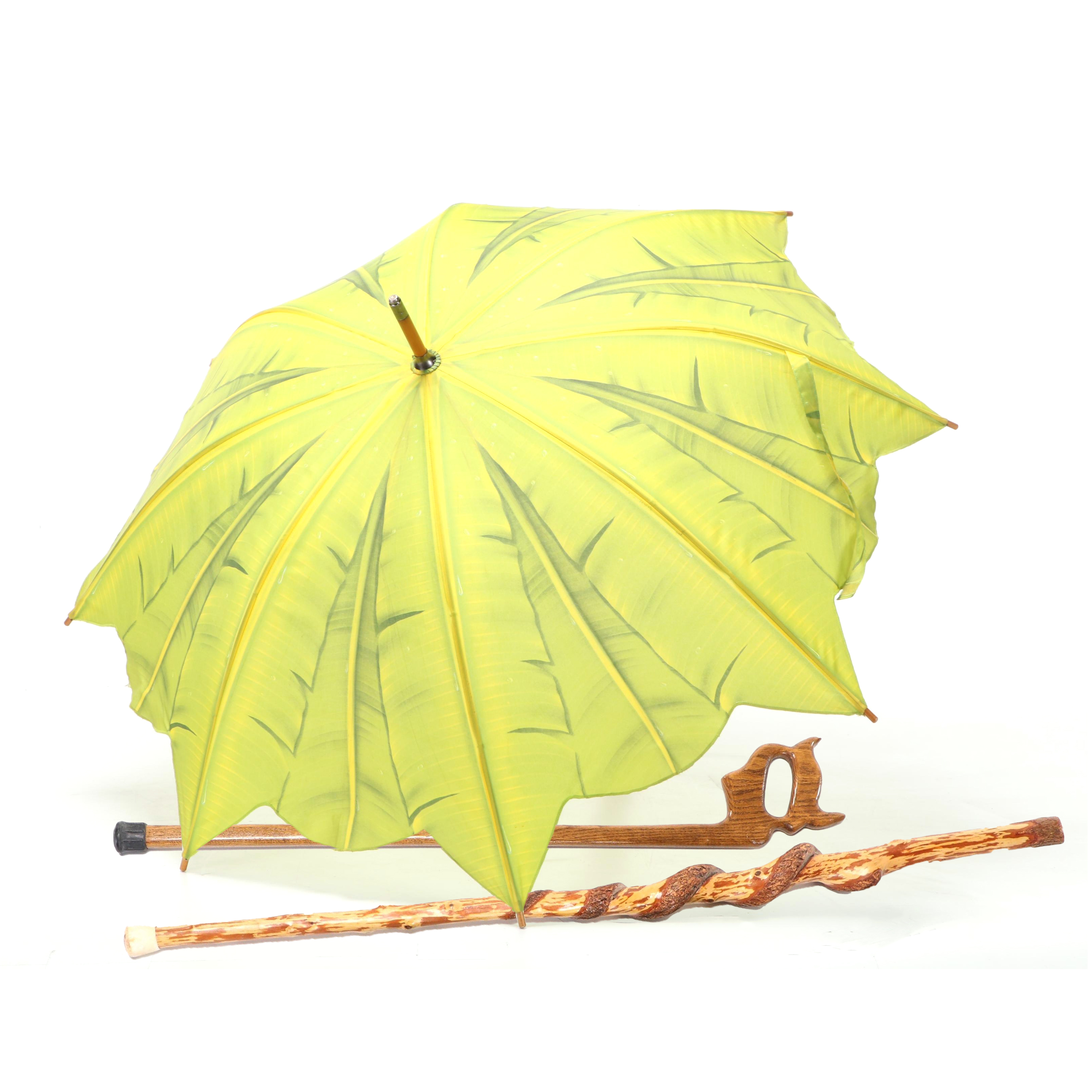 Carved Oak Cane with Wooden Walking Stick and Cane-Handle Umbrella