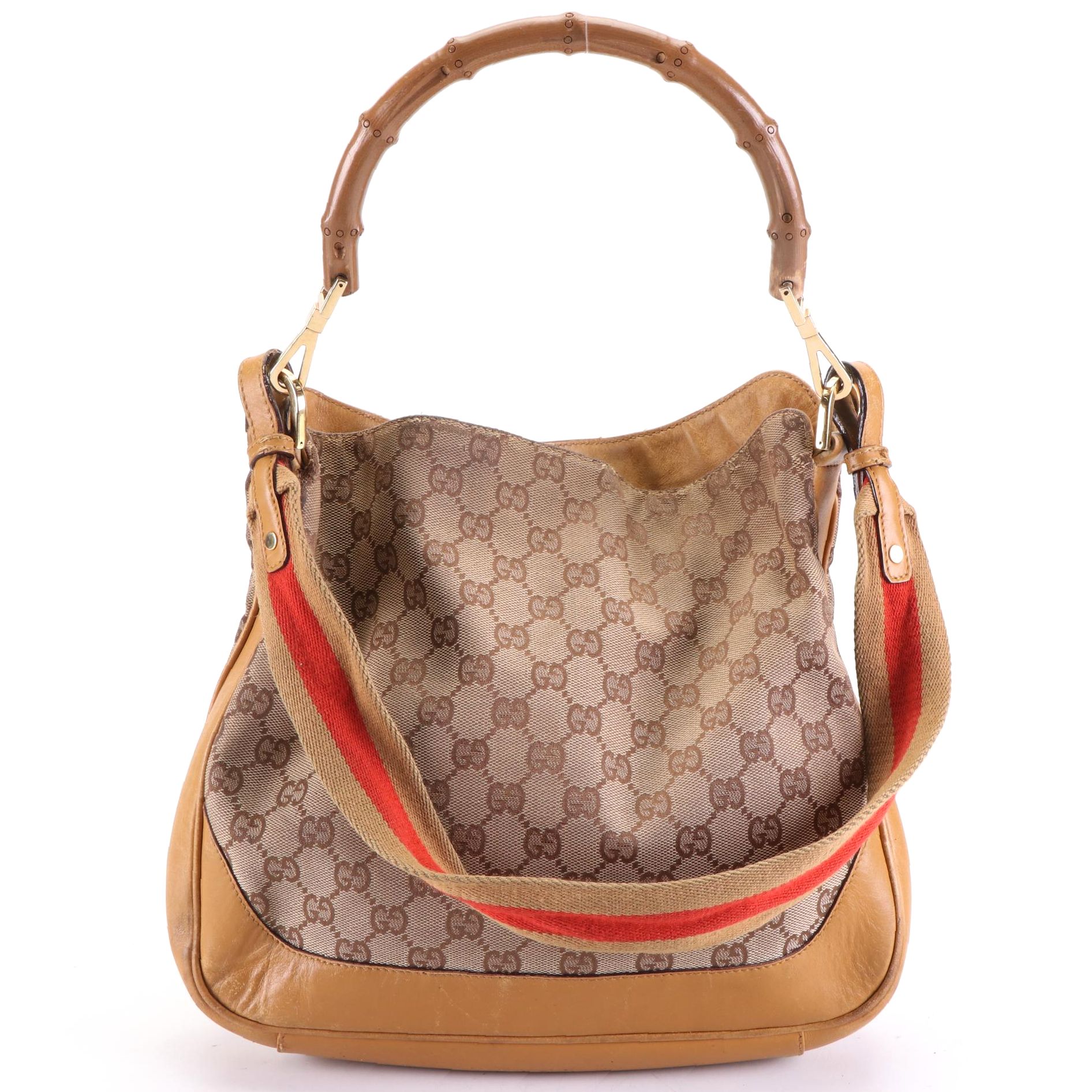 Gucci Two-Way Bamboo Handle Bag in GG Canvas and Leather Trim