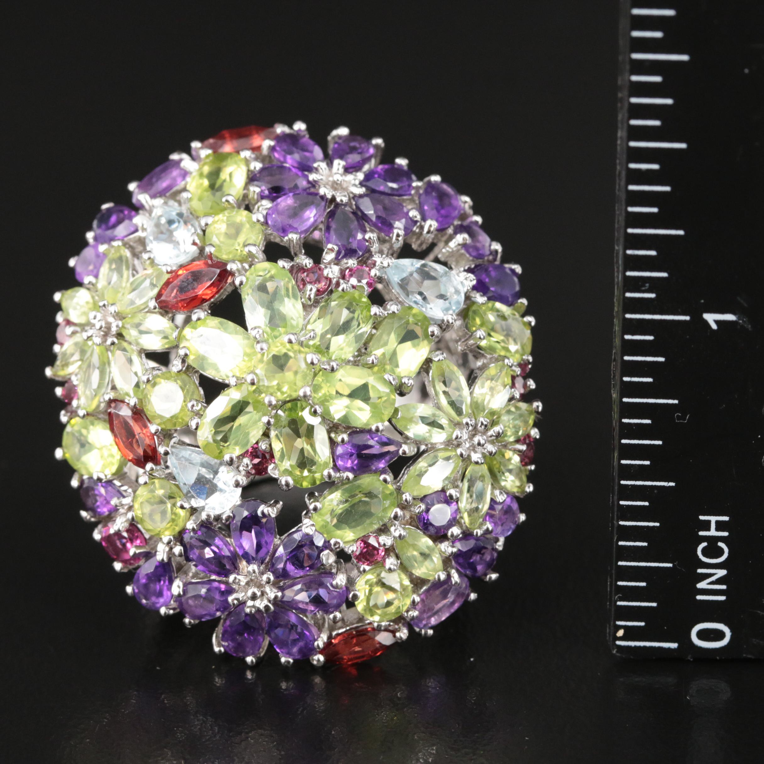Sterling Peridot, Amethyst and Garnet Floral Ring