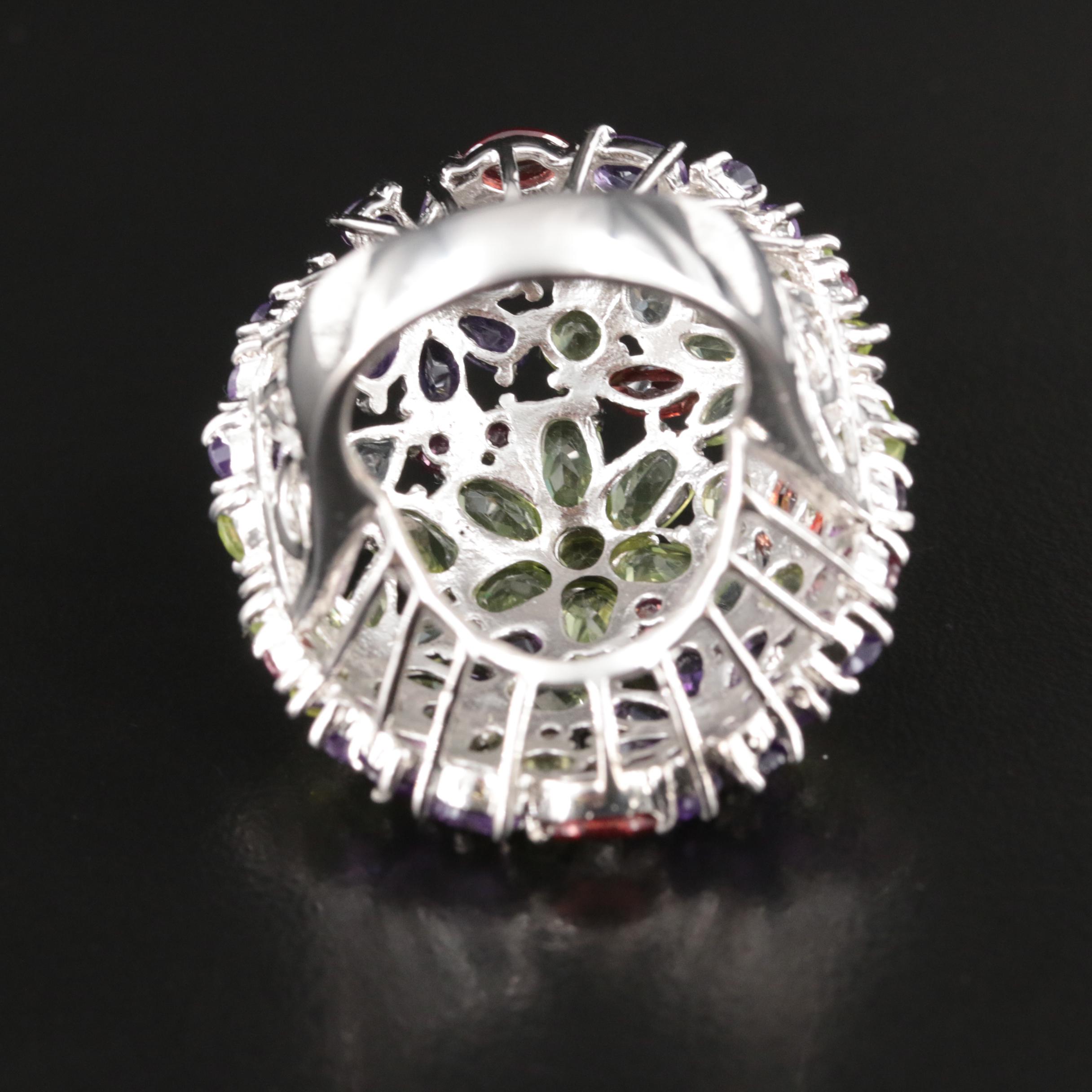 Sterling Peridot, Amethyst and Garnet Floral Ring