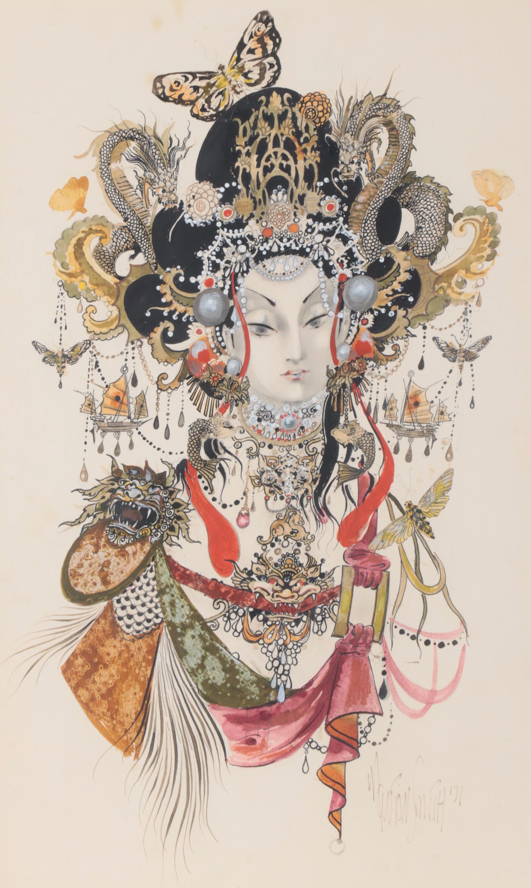 Stylized Watercolor Painting of Figure, 1971