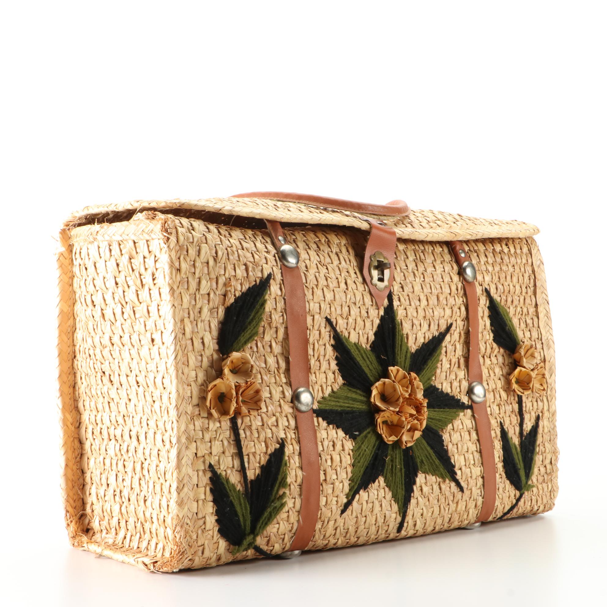 Woven Straw Embroidered Tote Bags with Leather Trim