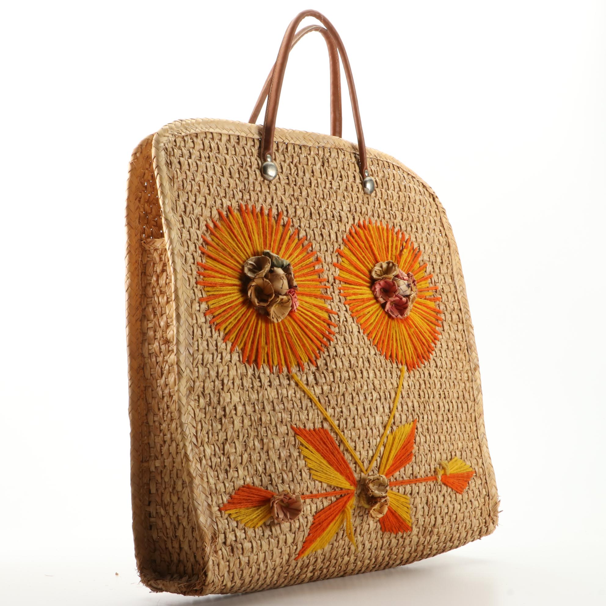 Woven Straw Embroidered Tote Bags with Leather Trim