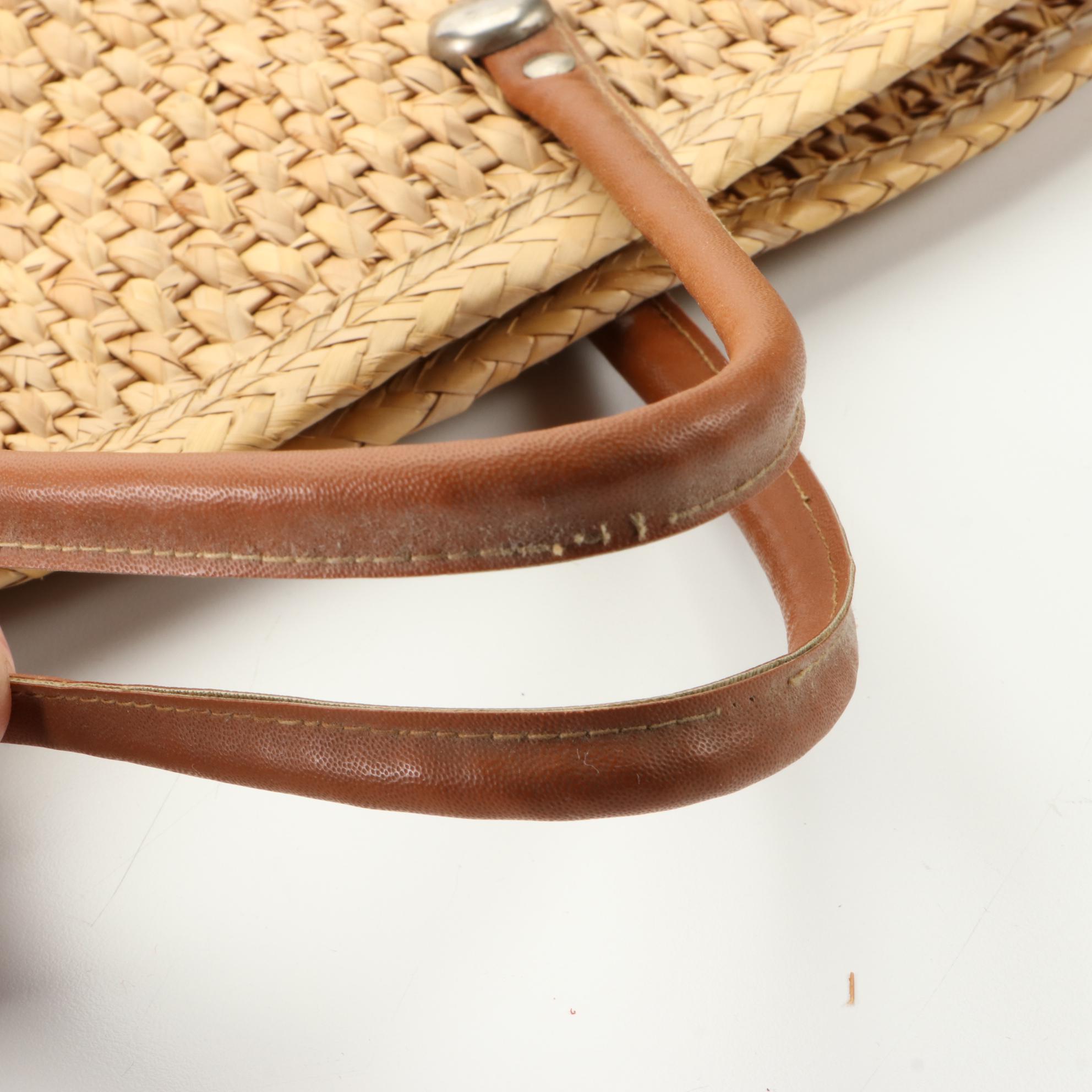 Woven Straw Embroidered Tote Bags with Leather Trim